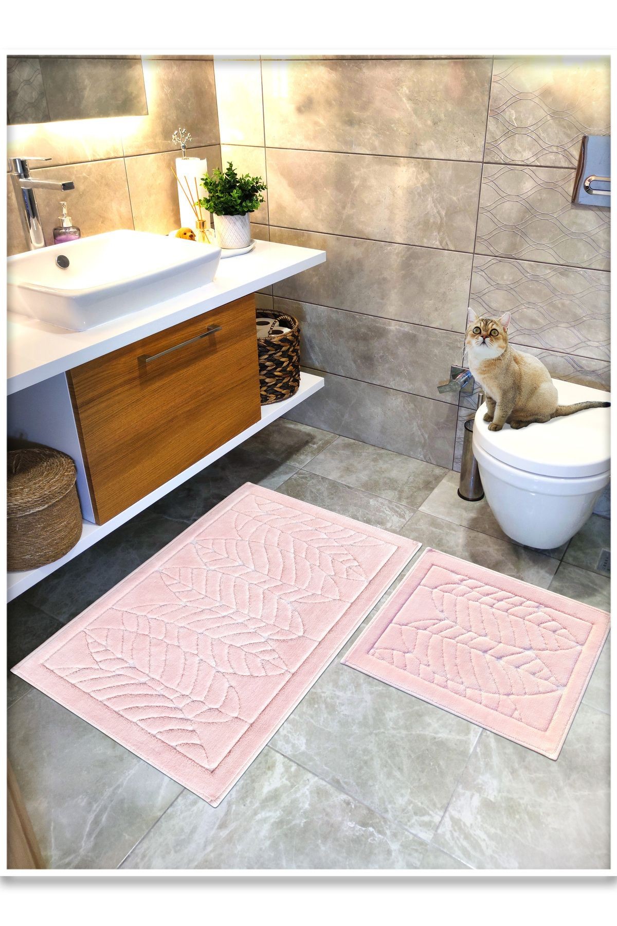 Pamuk Dokuma, Su Emici, Banyo Paspas Seti, Banyo Halısı, YAPRAK, 60x100 - 60x50 CM