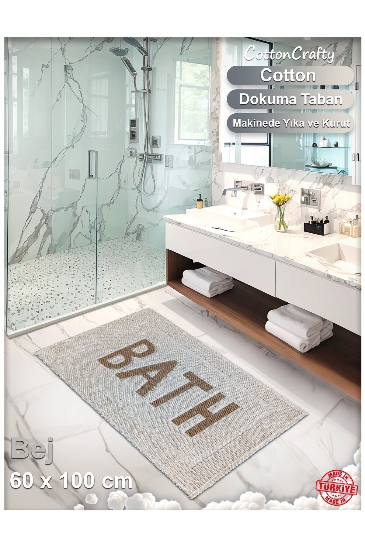 Pamuk Dokuma Su Emici Banyo Paspası, Banyo Halısı BATH 60 x 100 cm