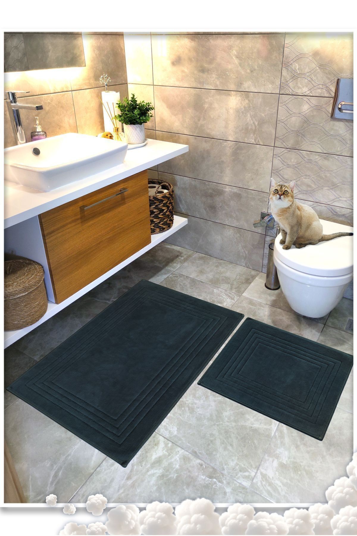 Pamuk Dokuma Su Emici Banyo Paspas Seti, Banyo Halısı VERA 2 Li Set 60x100 - 60x50 CM