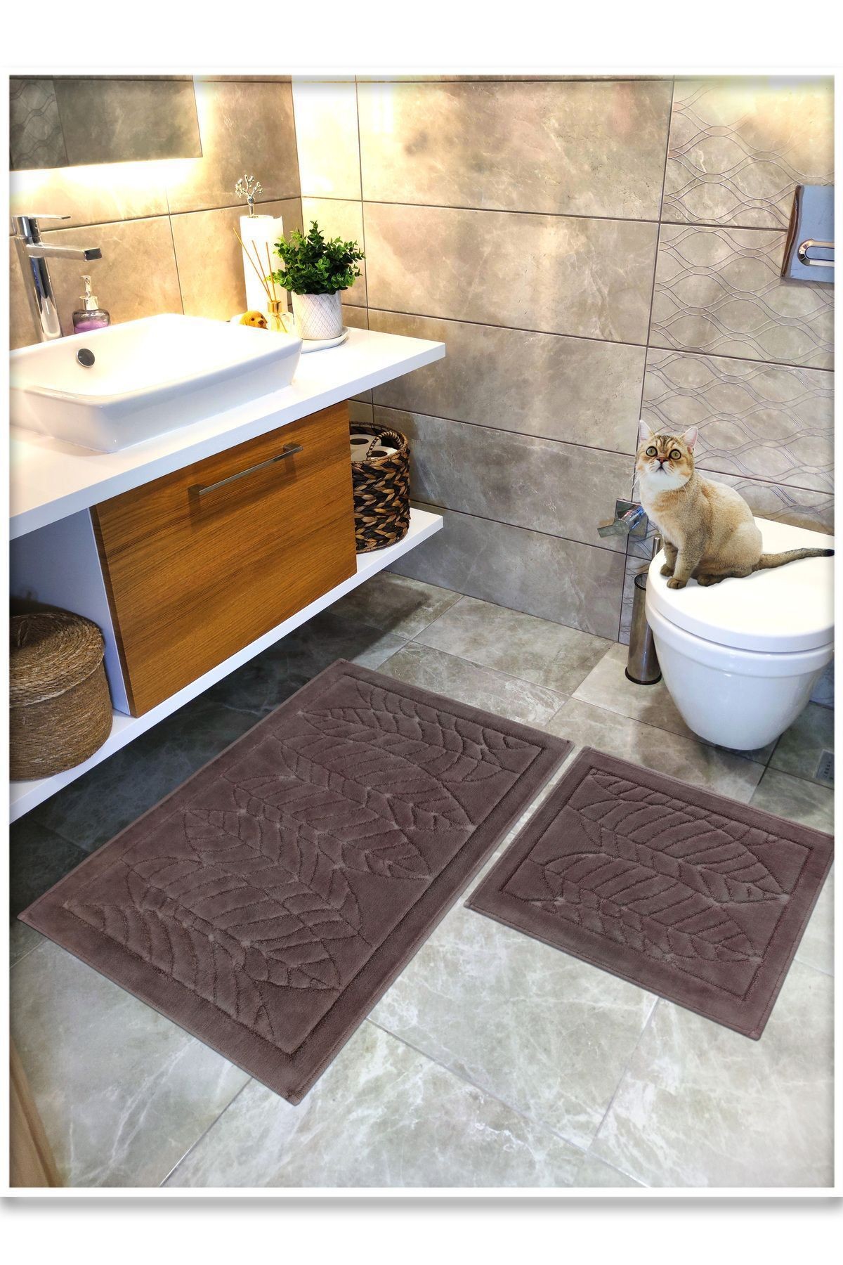 Pamuk Dokuma, Su Emici, Banyo Paspas Seti, Banyo Halısı, YAPRAK, 60x100 - 60x50 CM