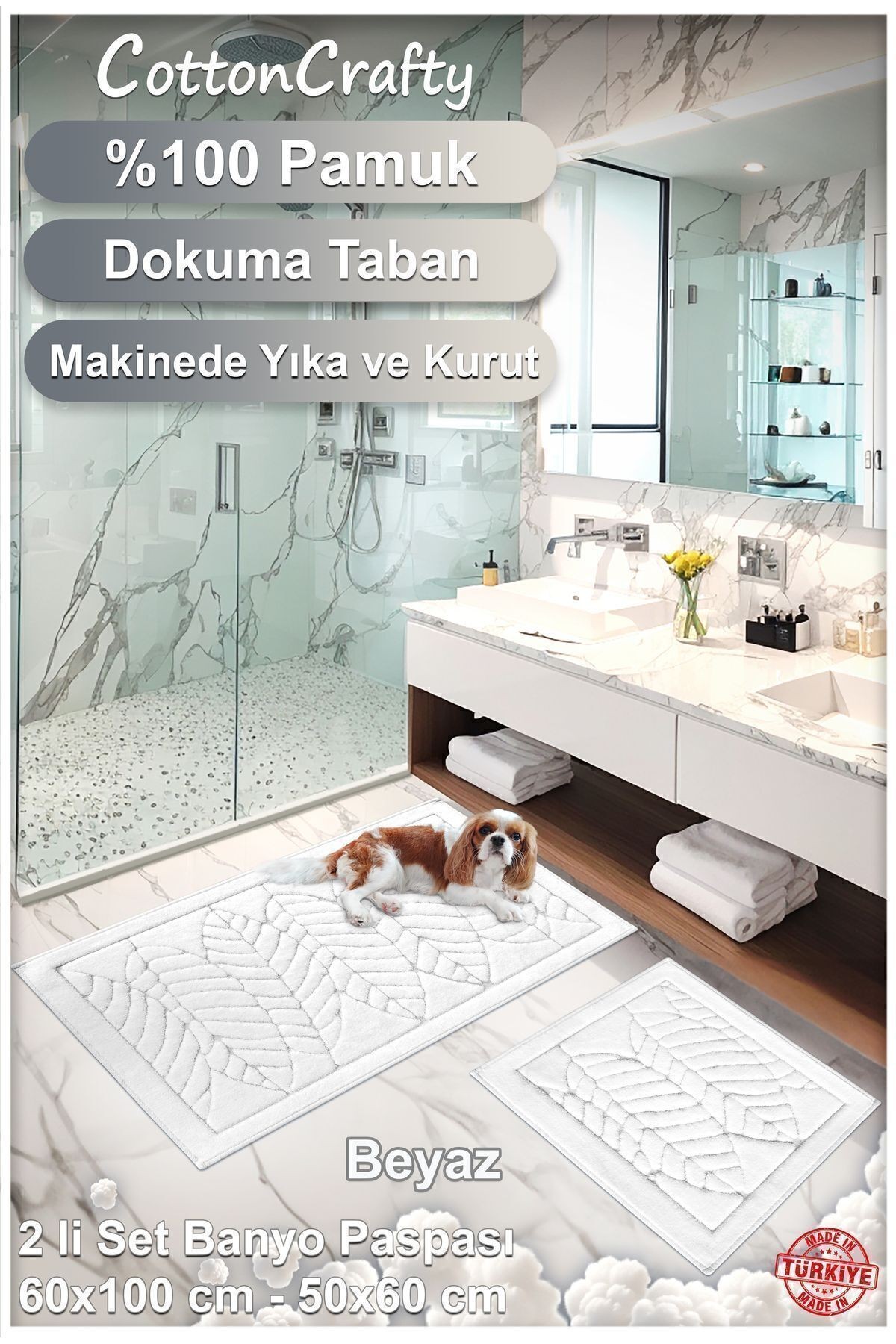 Geleneksel Pamuklu Dokuma, Su Emici, Banyo Paspas Seti, Banyo Halısı, YAPRAK, 2'li Klozet Takım, 60x100 - 60x50 CM