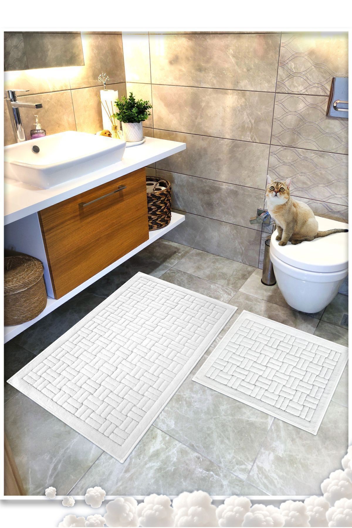 Pamuk Dokuma Su Emici Banyo Paspas Seti, Banyo Halısı DOMİNO 2 Li Set 60x100 - 60x50 CM