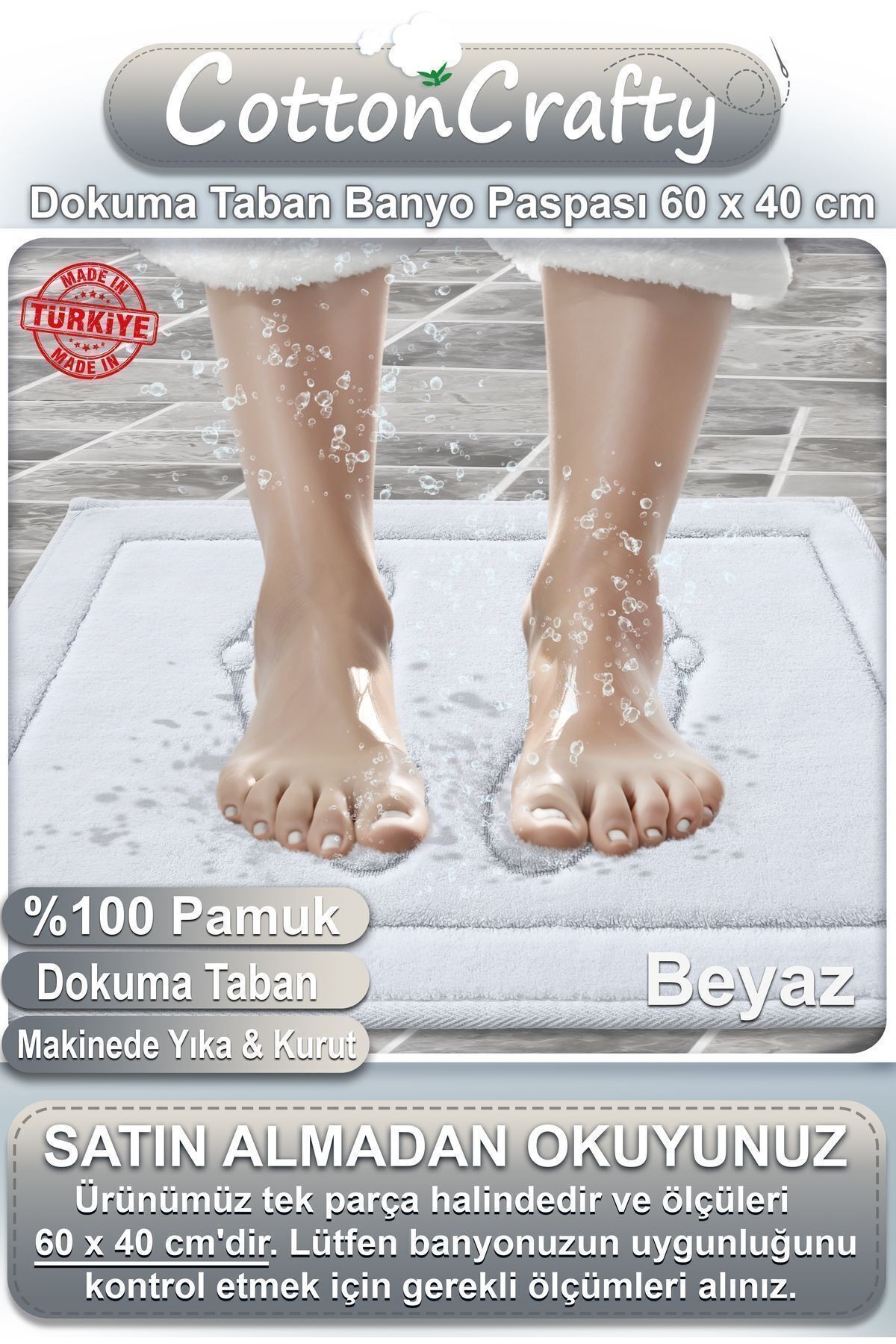Geleneksel Pamuklu Dokuma Su Emici Banyo Paspası Ayak Desen 60x40 CM