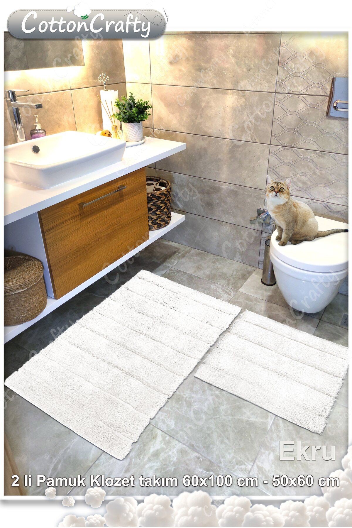 Pamuk Tafting Su Emici Banyo Paspas Seti, Banyo Halısı SOFT 2 Li Set 60x100 - 60x50