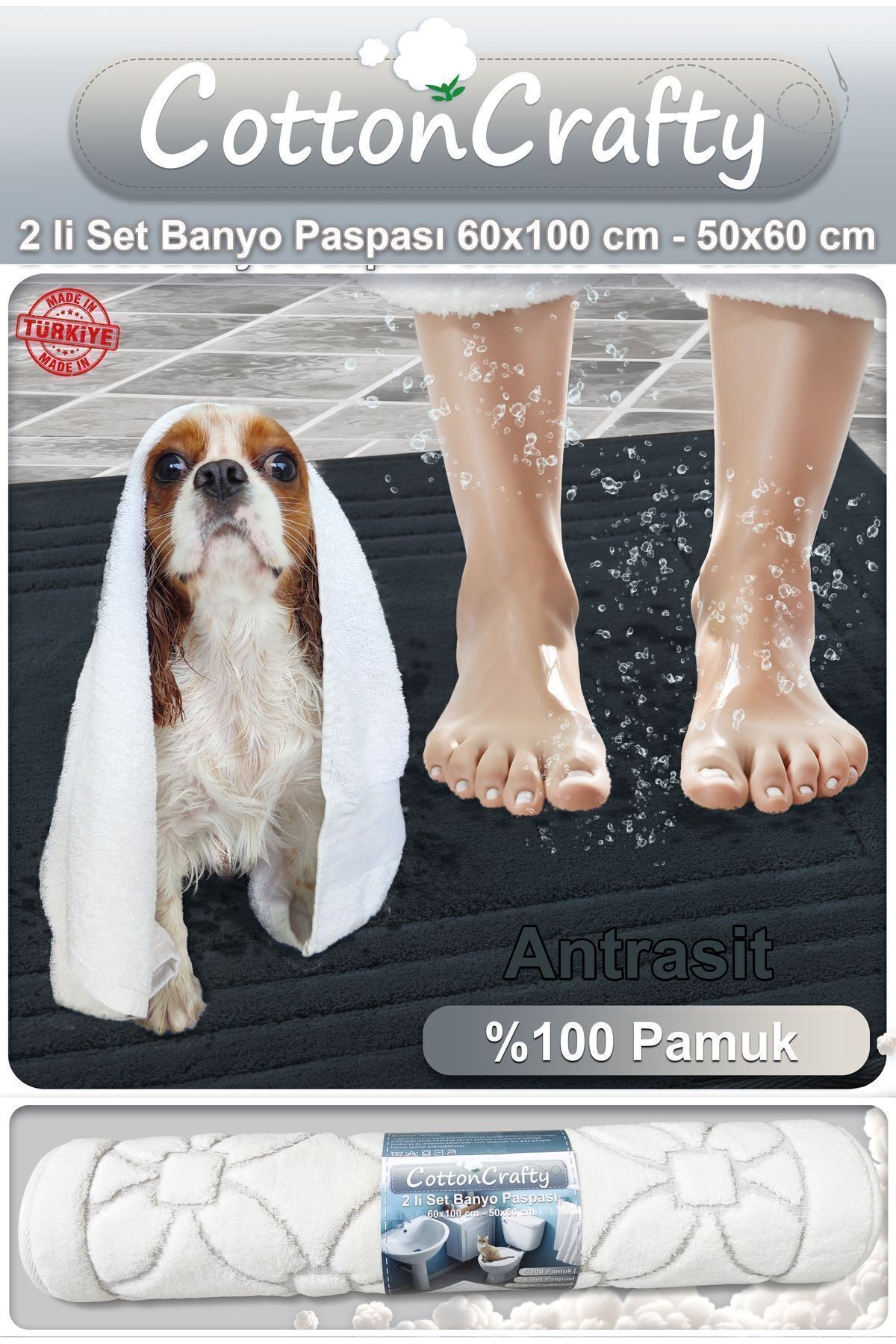 Pamuk Dokuma Su Emici Banyo Paspas Seti, Banyo Halısı VERA 2 Li Set 60x100 - 60x50 CM
