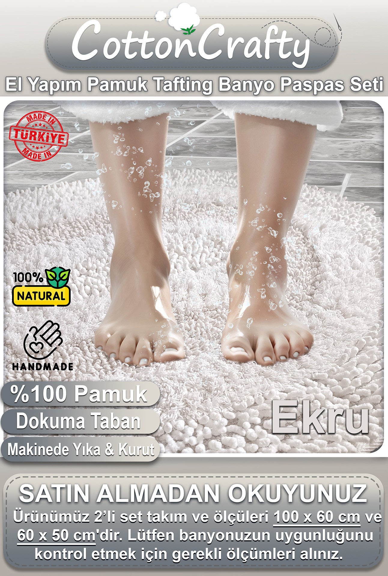 Geleneksel Pamuk Dokuma, Tafting, El Yapımı, Su Emici Banyo Paspas Seti, Banyo Halısı, Klozet Takım, COTTONWAY, 2'li Set 60x100 - 60x50 cm