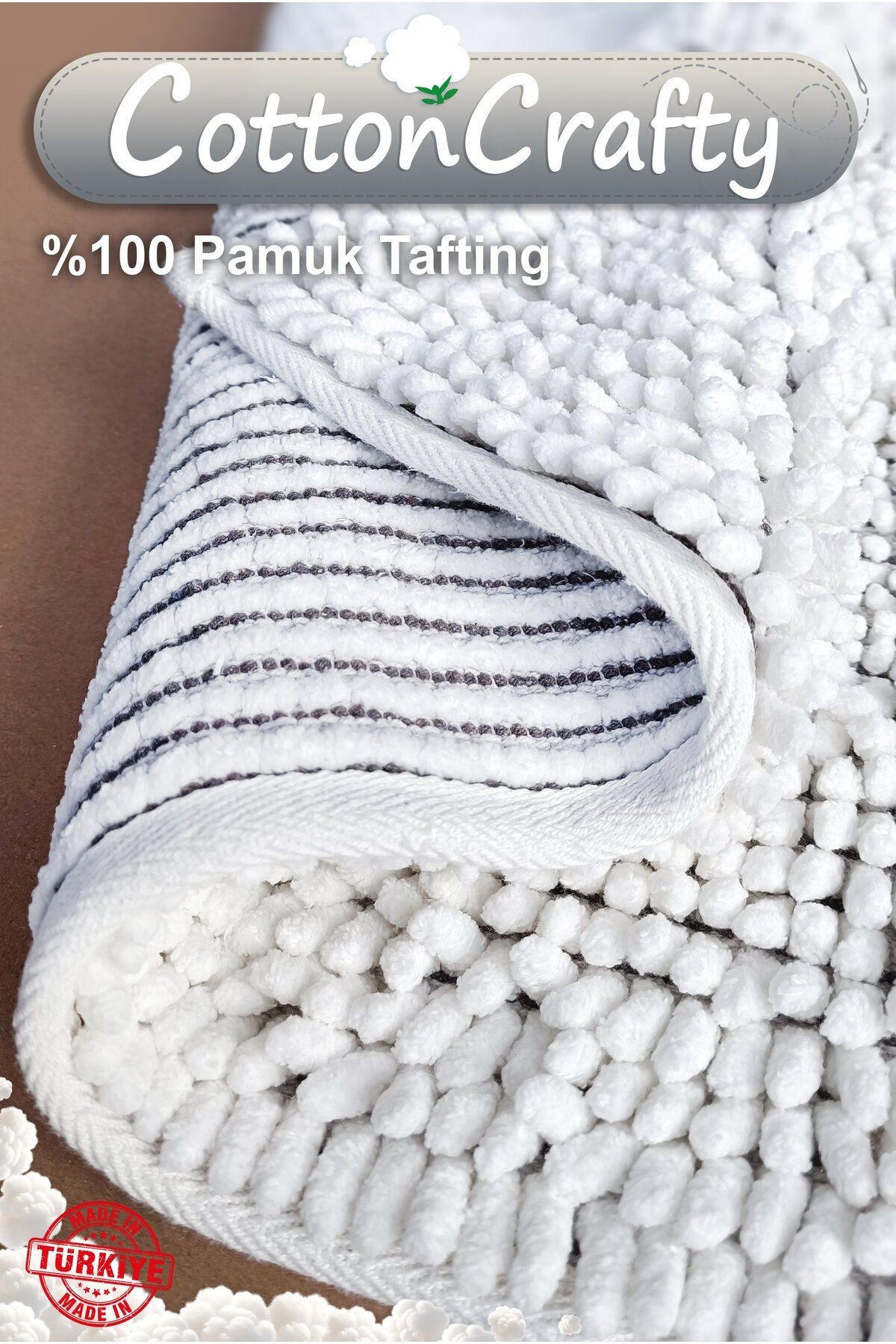 Pamuk Tafting Su Emici Banyo Paspas Seti, Banyo Halısı MAKARNA 60x100 Cm