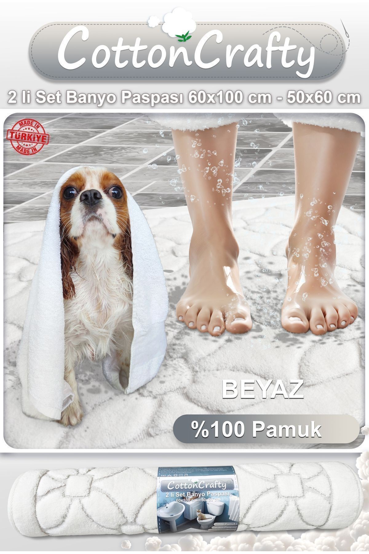 Geleneksel Pamuklu Dokuma, Su Emici, Banyo Paspas Seti, Banyo Halısı, ÇİÇEK 2'li Klozet Takım 60x100 - 60x50 CM