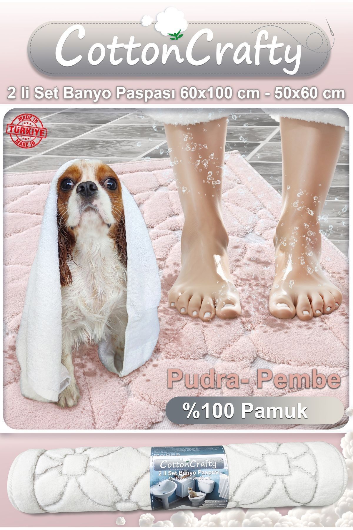 Pamuk Dokuma Su Emici Banyo Paspas Seti, Banyo Halısı CAM 2 Li Set 60x100 - 60x50 cm