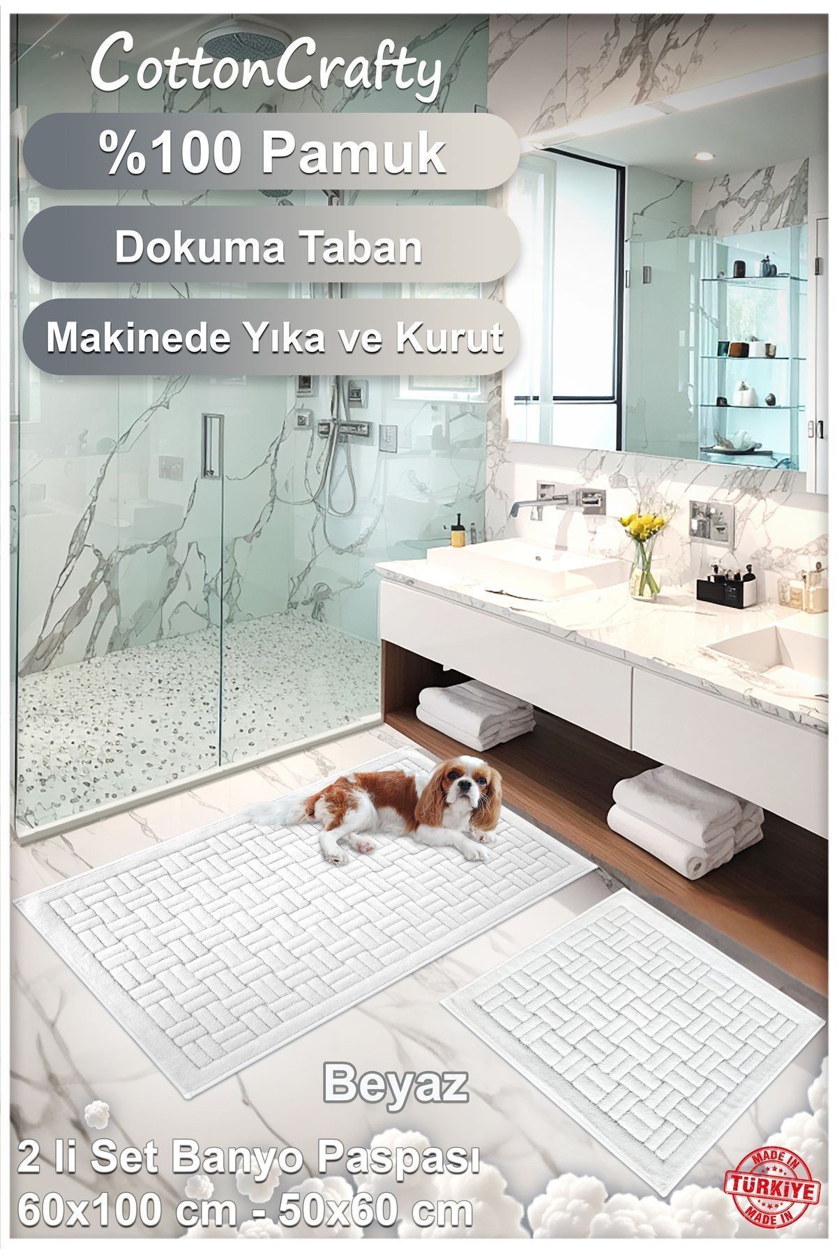 Pamuk Dokuma Su Emici Banyo Paspas Seti, Banyo Halısı DOMİNO 2 Li Set 60x100 - 60x50 CM
