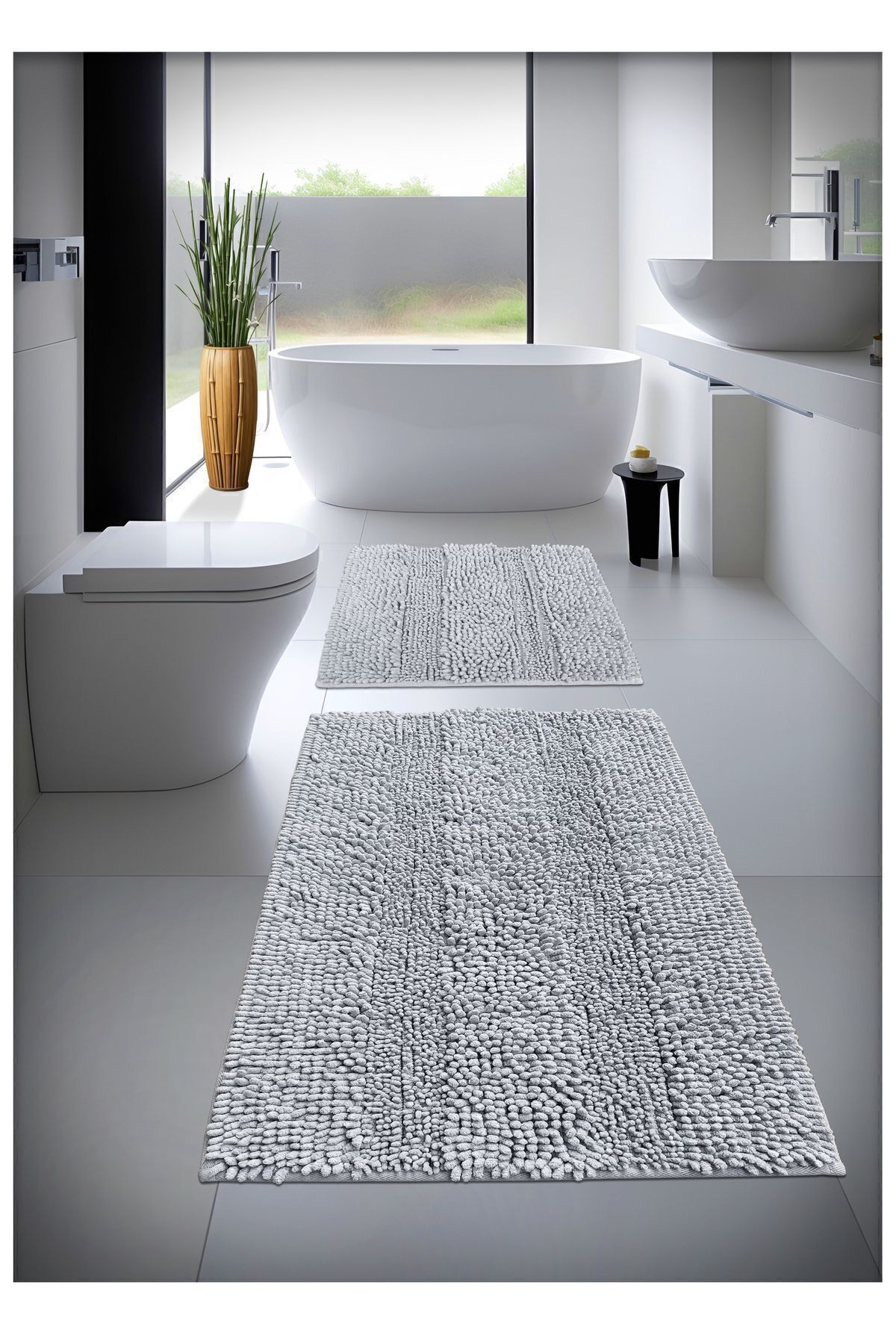 Pamuk Tafting Banyo Paspas Seti, Banyo Halısı MAKARNA 2 Li Set 60x100 - 60x50 CM