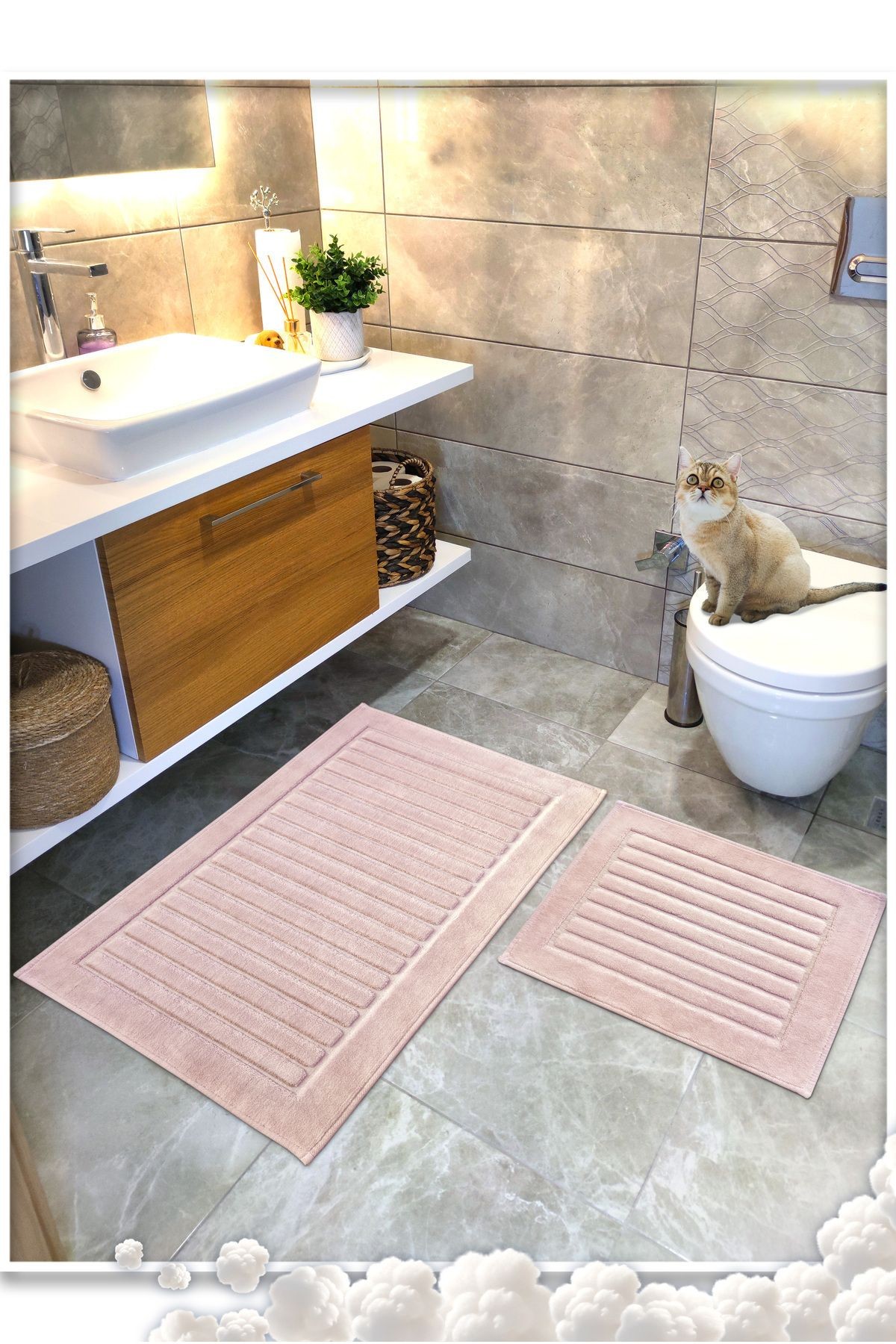 Pamuk Dokuma, Su Emici, Banyo Paspas Seti, Banyo Halısı, ŞERİT ,60x100 - 60x50 CM