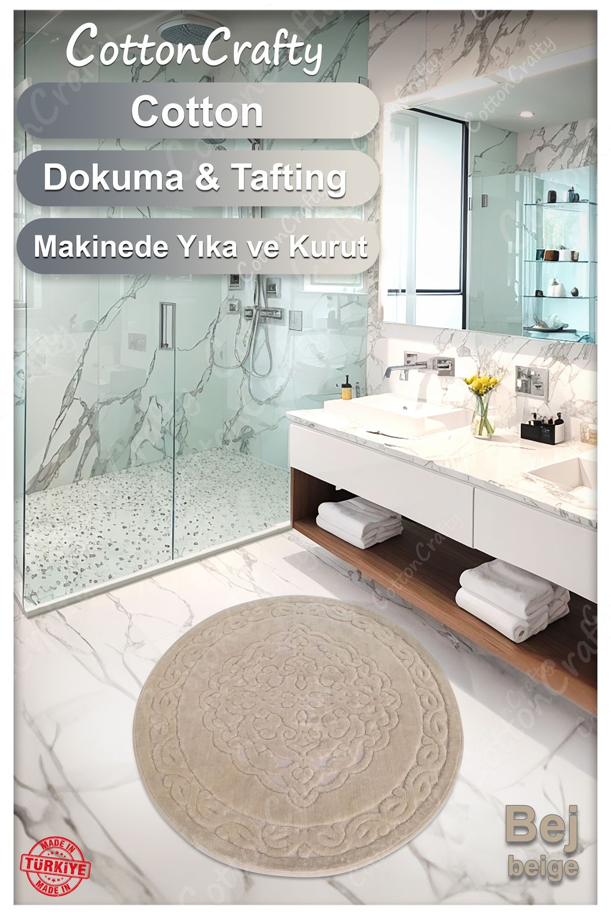 Pamuk Dokuma Su Emici Banyo Paspası, Banyo Halısı ROYAL 100x100 CM
