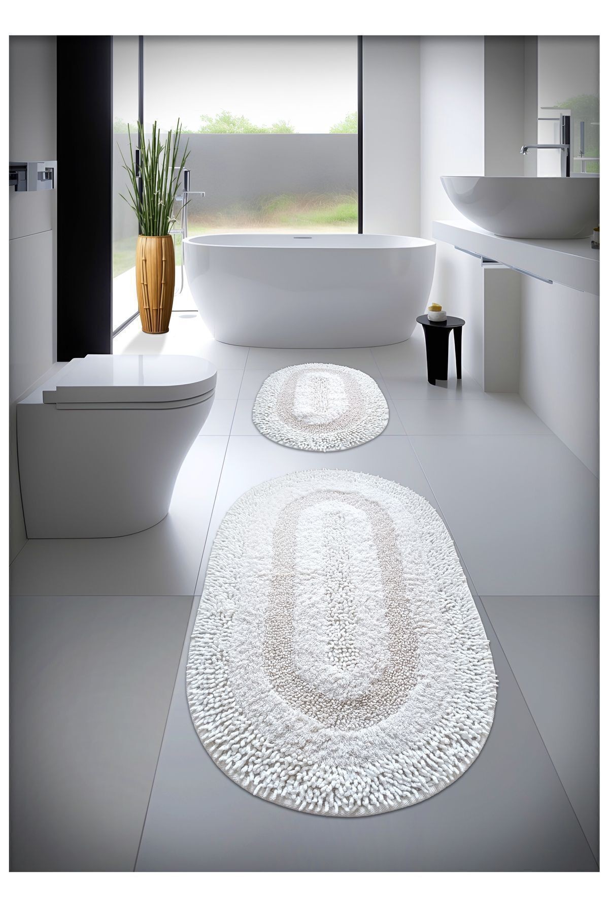 Pamuk Tafting EL Yapımı Su Emici Banyo Paspas Seti, Banyo Halısı COTTONWAY 2 Li Set 60x100 - 60x50 cm