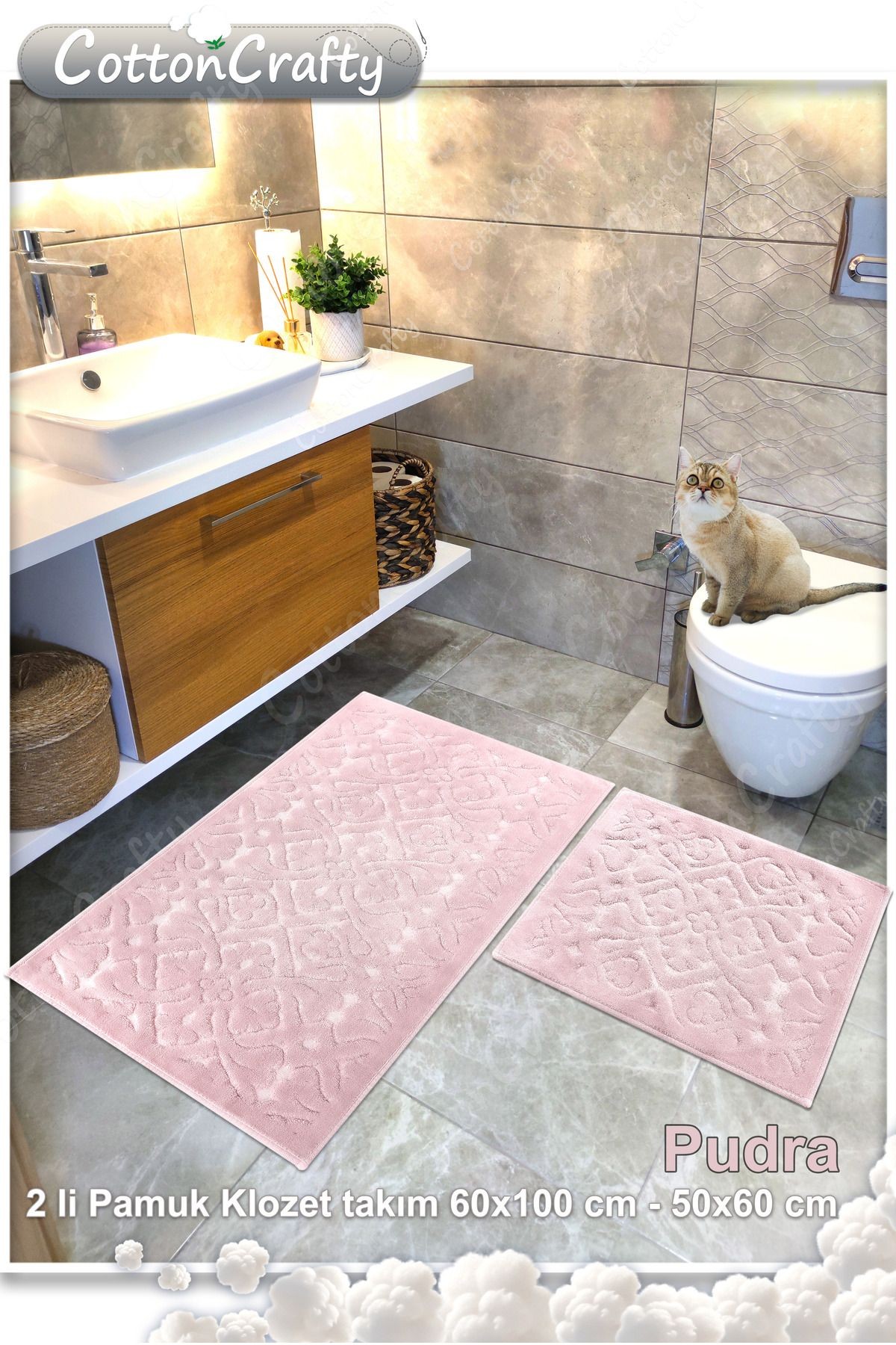 Pamuk Dokuma Su Emici Banyo Paspas Seti, Banyo Halısı LARA 2 Li Set 60x100 - 60x50 cm