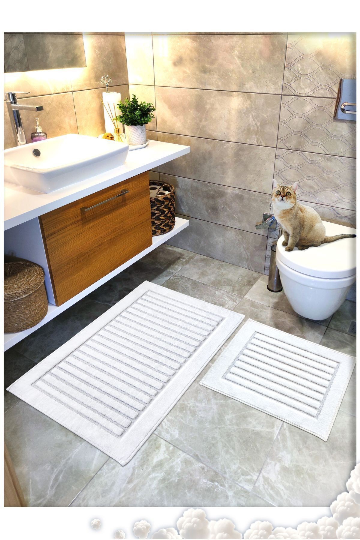 Pamuk Dokuma, Su Emici, Banyo Paspas Seti, Banyo Halısı, ŞERİT ,60x100 - 60x50 CM