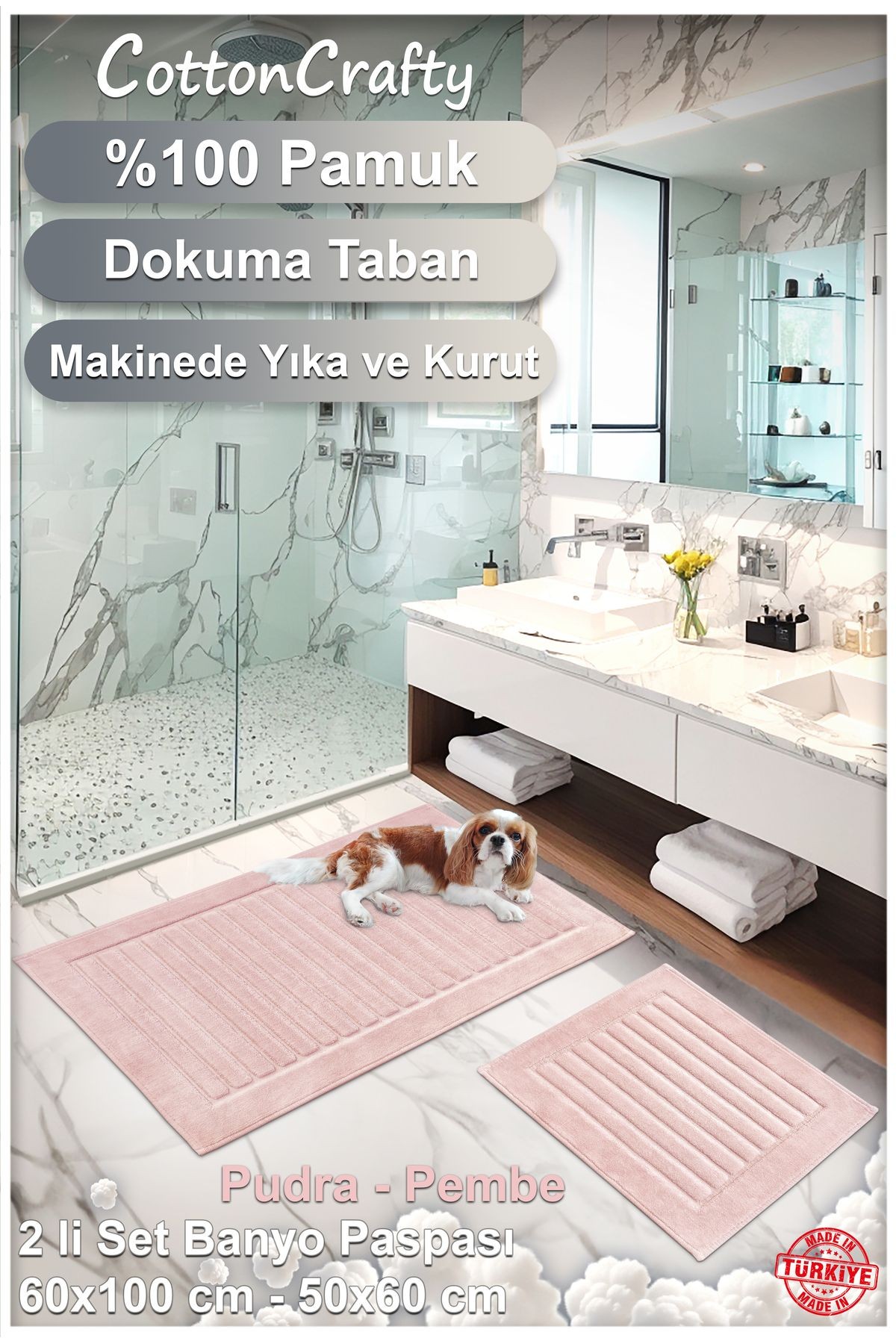 Pamuk Dokuma, Su Emici, Banyo Paspas Seti, Banyo Halısı, ŞERİT ,60x100 - 60x50 CM