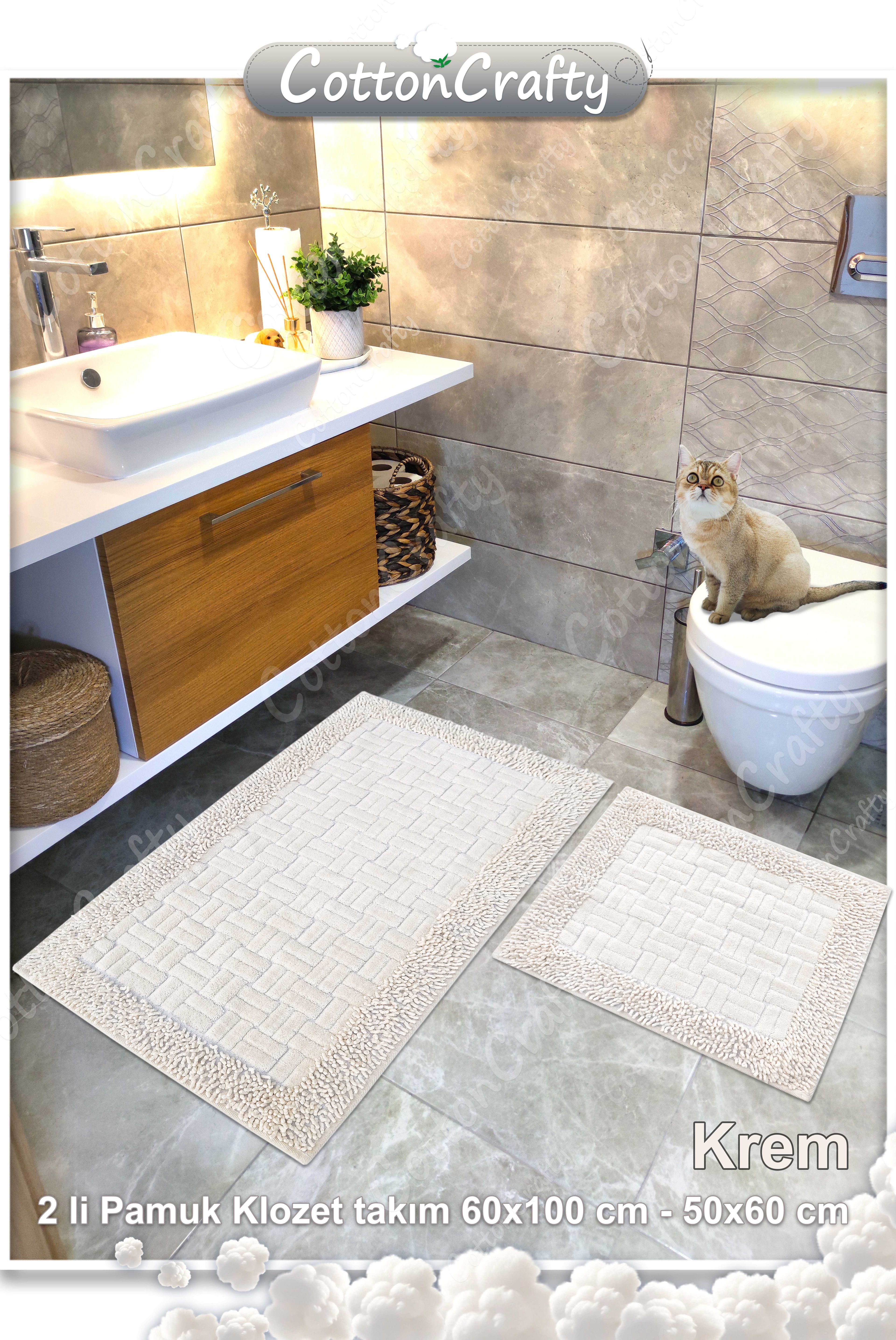 Geleneksel Pamuklu Dokuma,Tafting, Su Emici, El Yapımı, Banyo Paspas Seti, Banyo Halısı, DOMİNOMOSS 2'li Klozet Takım, 60x100 - 60x50 cm