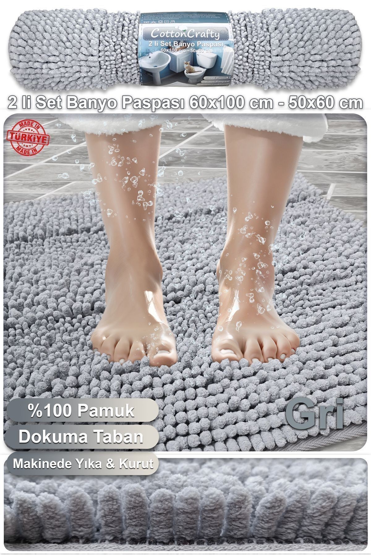 Pamuk Tafting Banyo Paspas Seti, Banyo Halısı MAKARNA 2 Li Set 60x100 - 60x50 CM