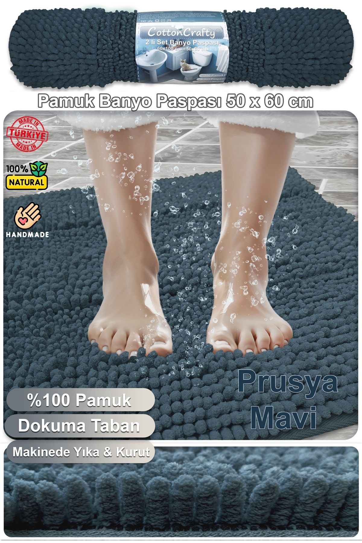 Pamuk Tafting Su Emici Banyo Paspası, Banyo Halısı Makarna 60x50 Cm