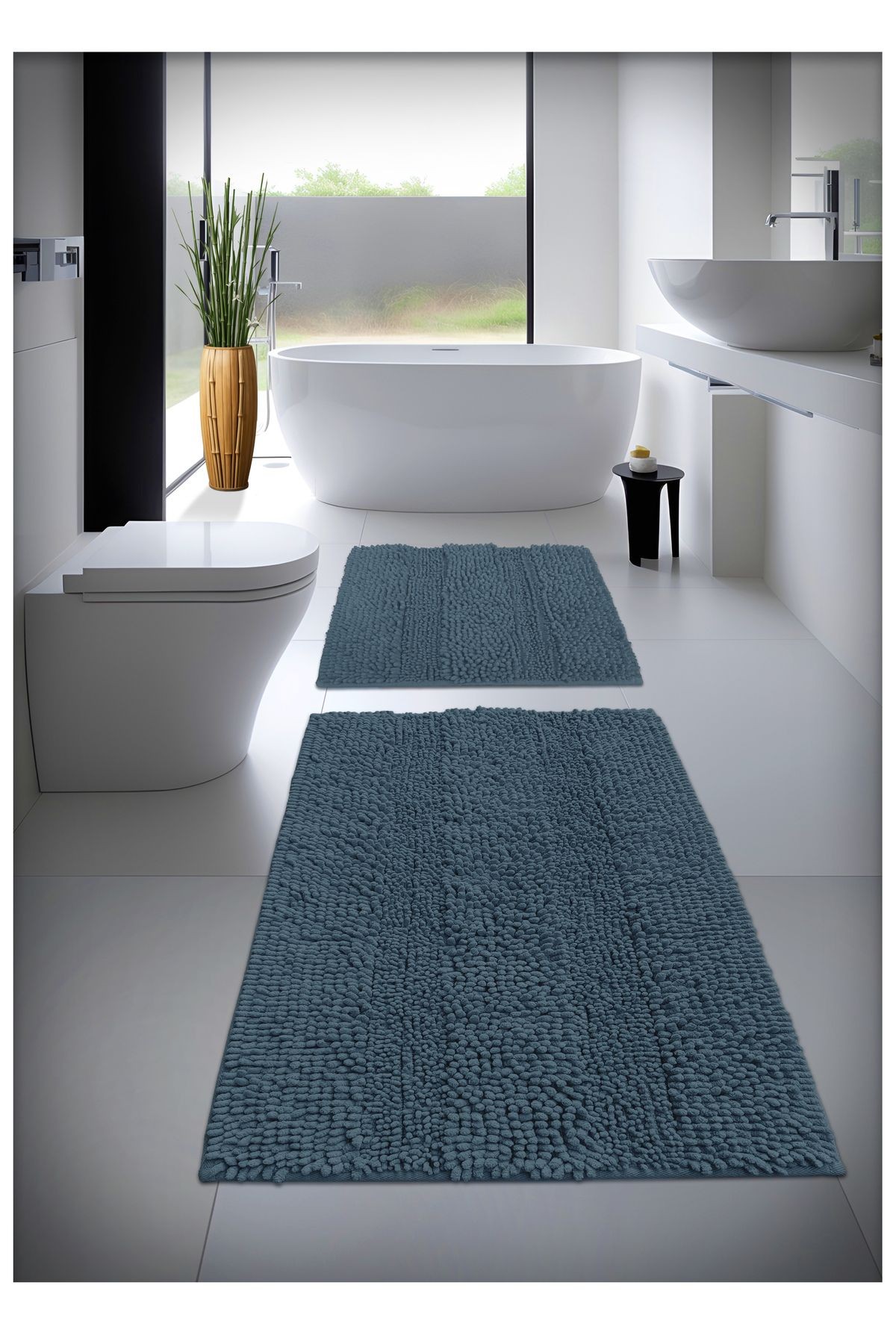 Pamuk Tafting Banyo Paspas Seti, Banyo Halısı MAKARNA 2 Li Set 60x100 - 60x50 CM