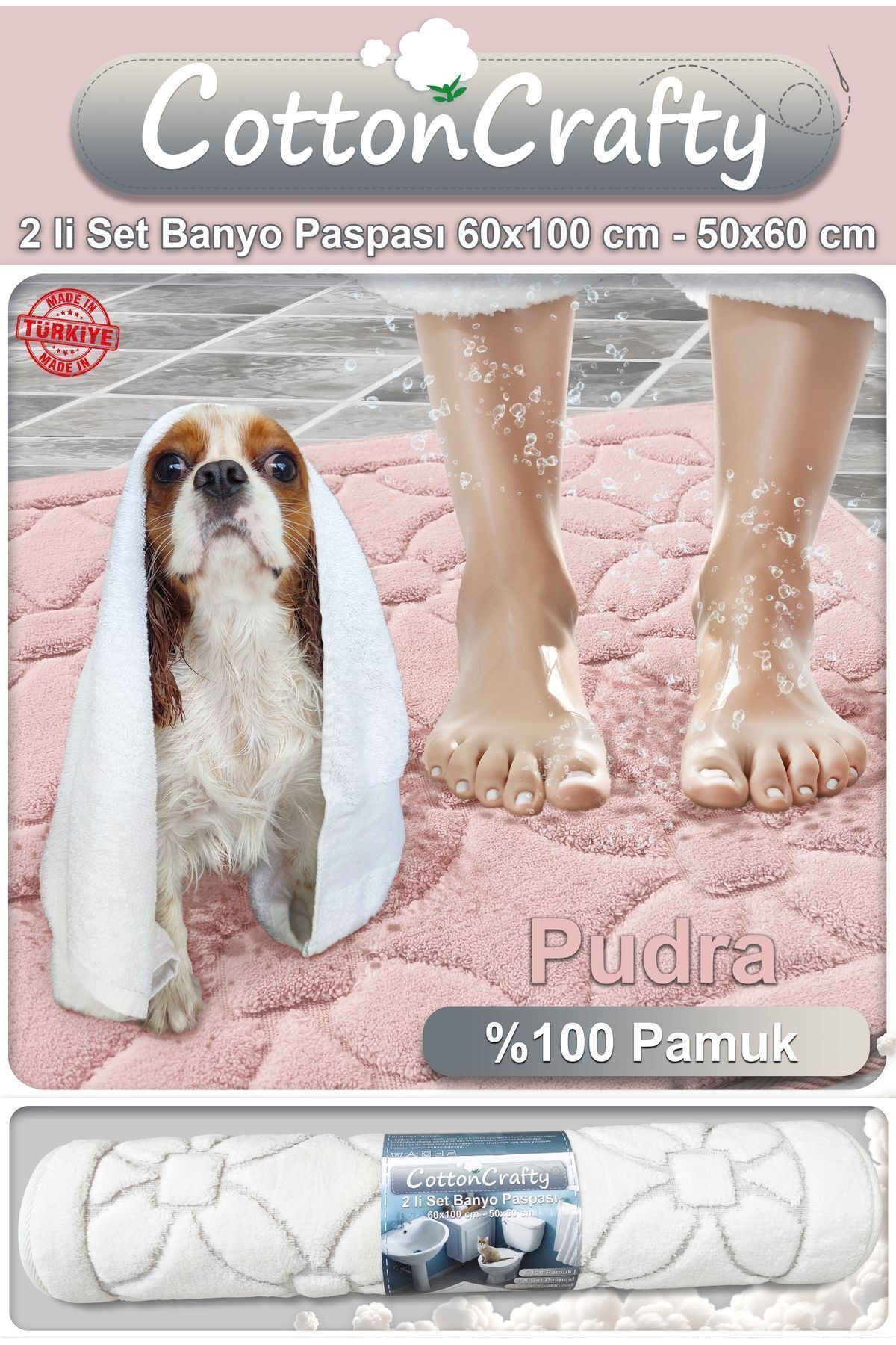 Pamuk Dokuma Su Emici Banyo Paspas Seti, Banyo Halısı ÇİÇEK 2 Li Set 60x100 - 60x50 CM