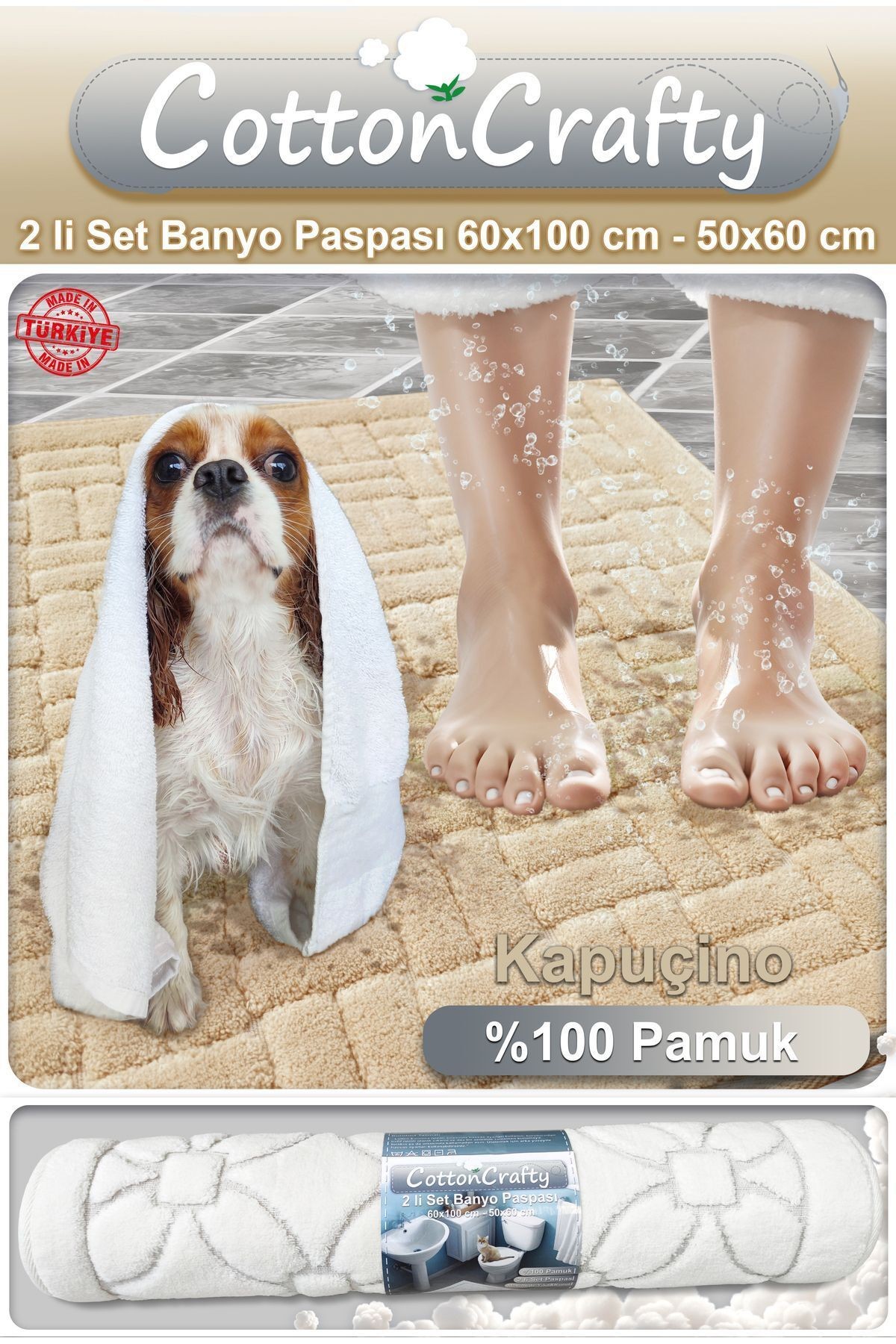 Pamuk Dokuma Su Emici Banyo Paspas Seti, Banyo Halısı DOMİNO 2 Li Set 60x100 - 60x50 CM
