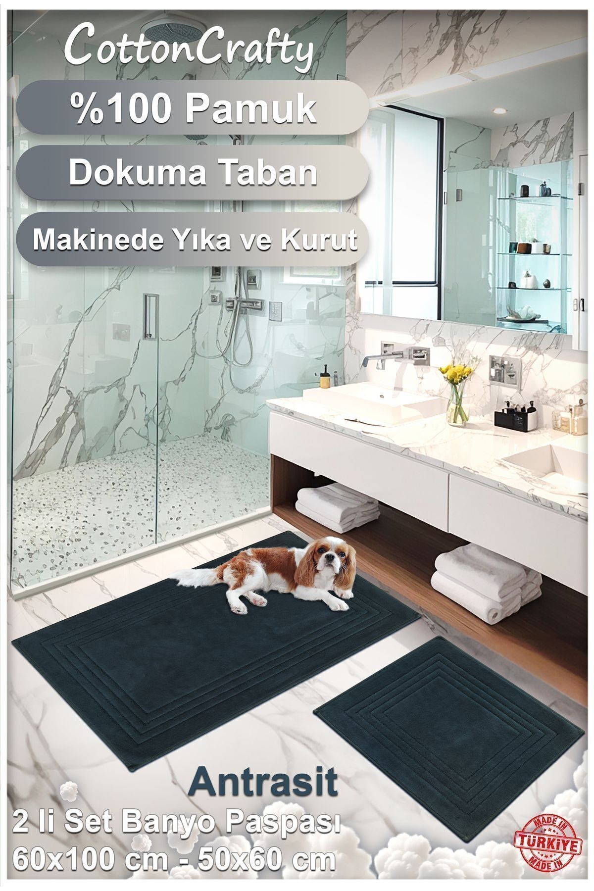 Pamuk Dokuma Su Emici Banyo Paspas Seti, Banyo Halısı VERA 2 Li Set 60x100 - 60x50 CM