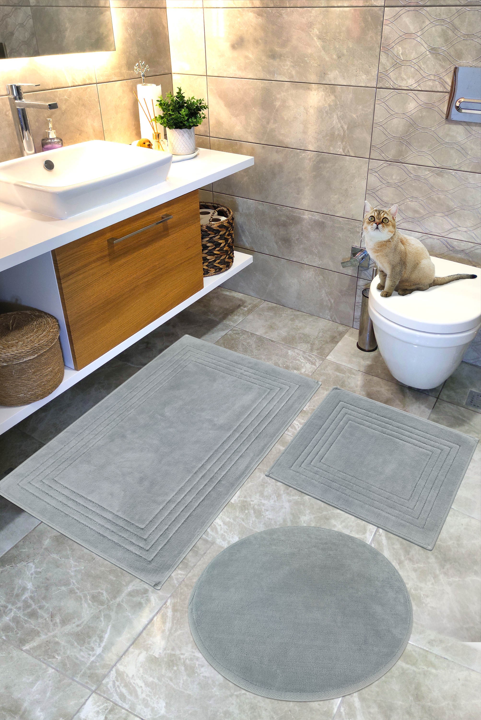 Geleneksel Pamuklu Dokuma Su Emici Banyo Paspas Seti, Banyo Halısı, VERA, 3 LÜ Set, Klozet Takım 60x100 - 60x50 - 60x60
