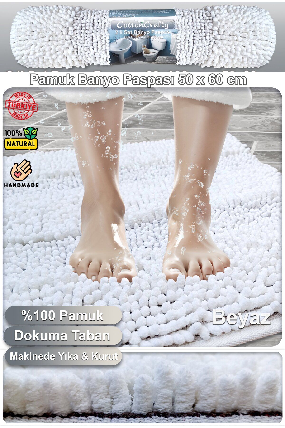 Pamuk Tafting Su Emici Banyo Paspası, Banyo Halısı Makarna 60x50 Cm