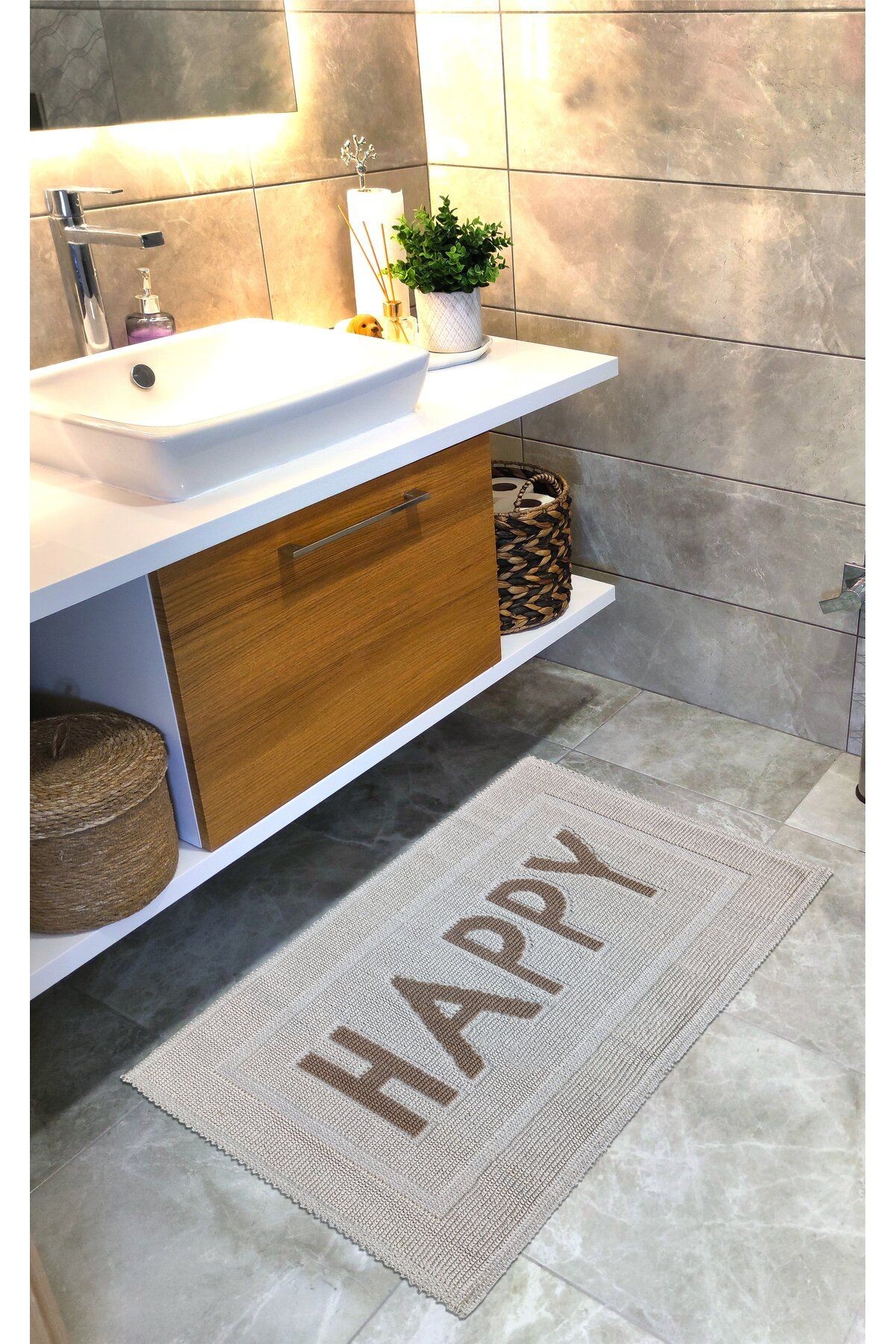 Pamuk Dokuma Su Emici Banyo Paspası, Banyo Halısı HAPPY 80 x 50 cm