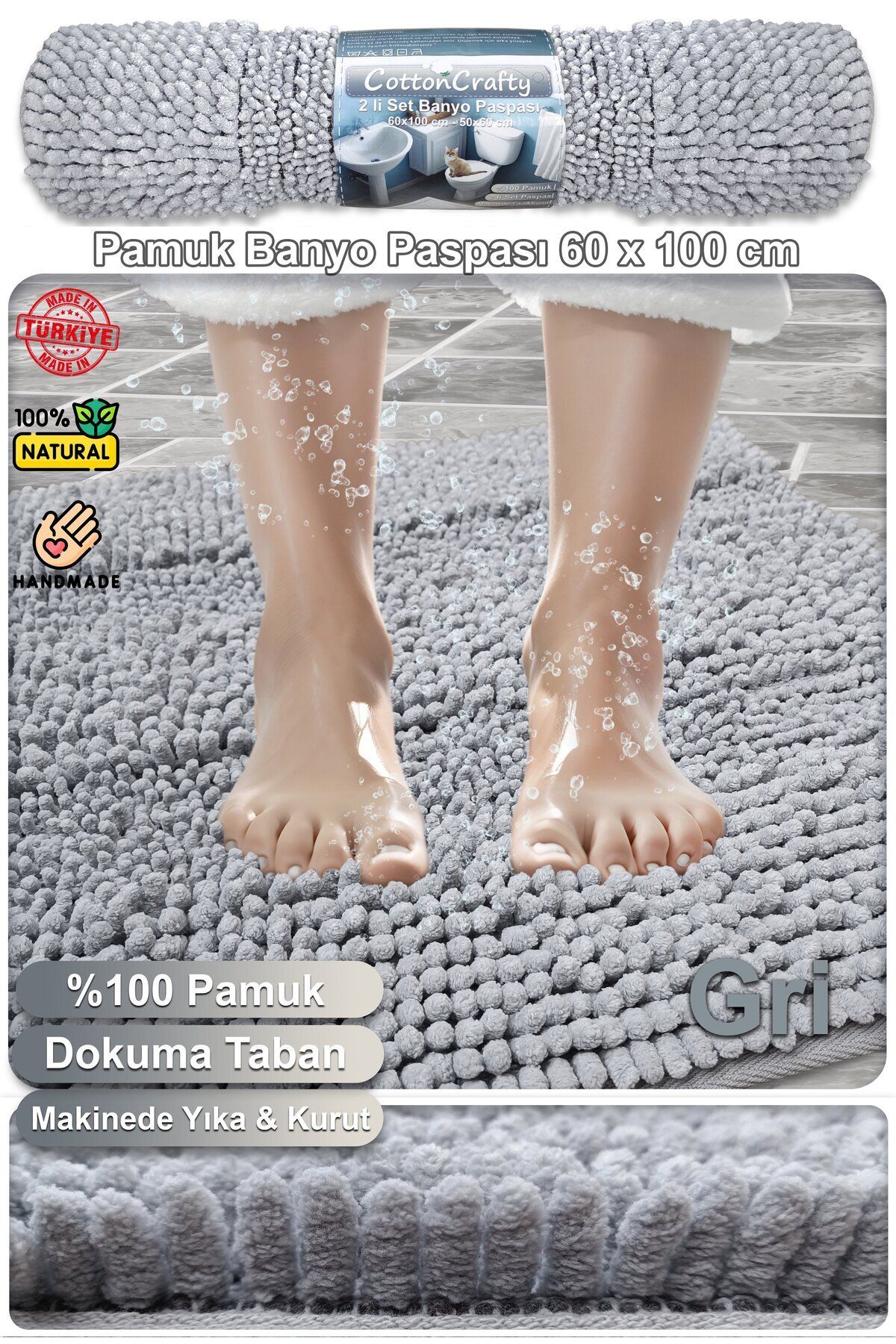 Pamuk Tafting Su Emici Banyo Paspas Seti, Banyo Halısı MAKARNA 60x100 Cm