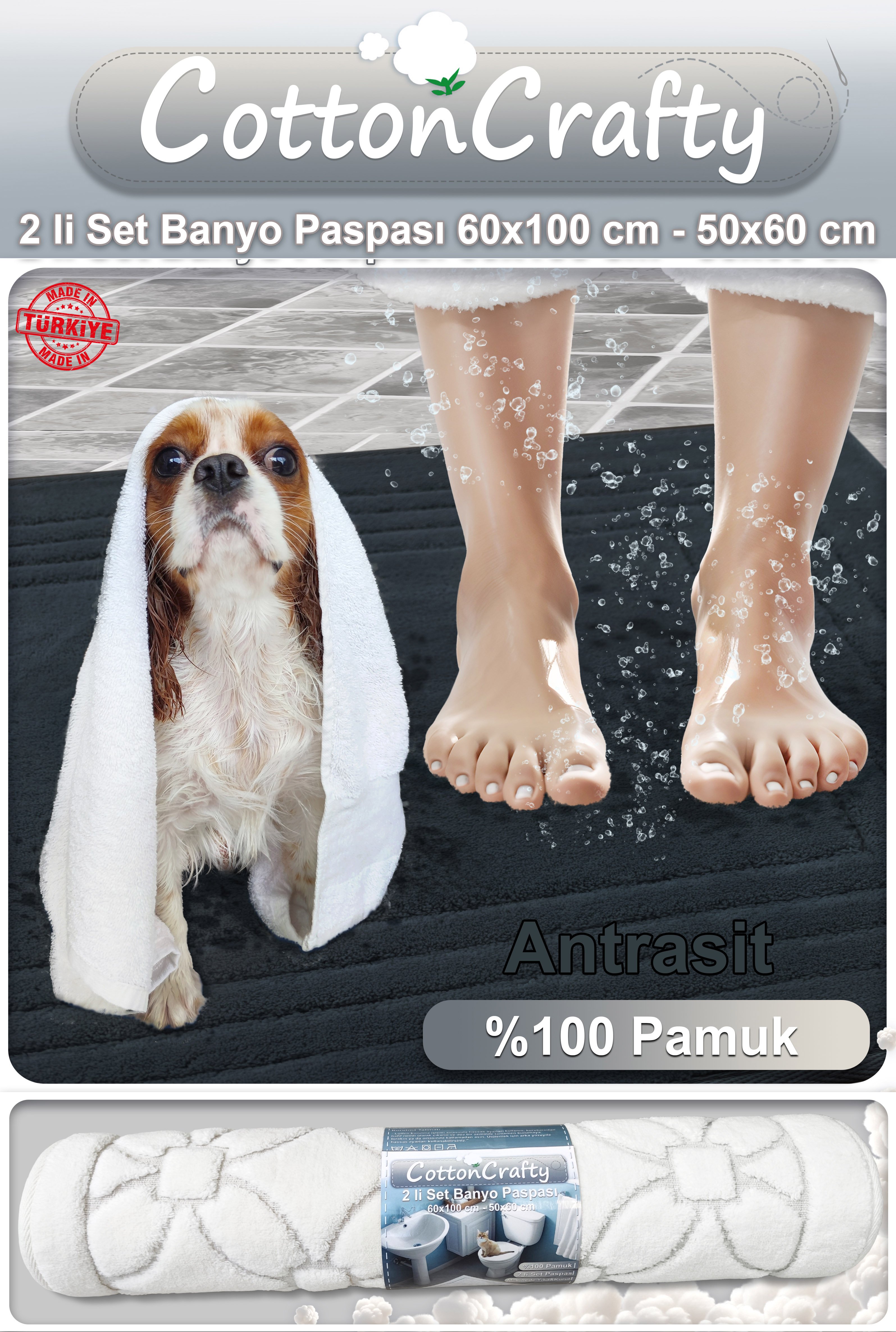 Pamuk Dokuma Su Emici Banyo Paspas Seti, Banyo Halısı VERA 2 Li Set 60x100 - 60x50 CM