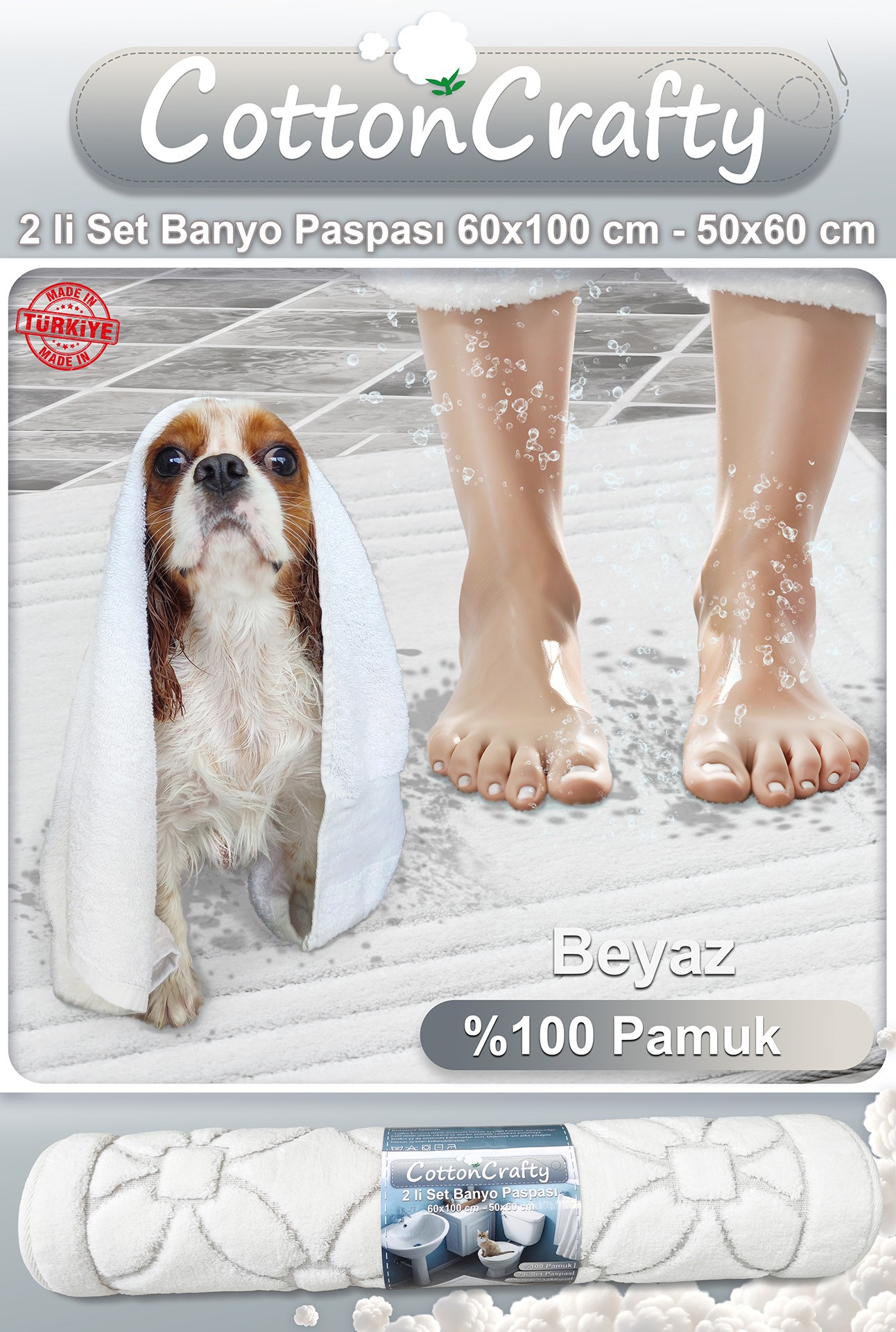 Pamuk Dokuma Su Emici Banyo Paspas Seti, Banyo Halısı, Klozet Takım, VERA 2'li Set 60x100 - 60x50 CM