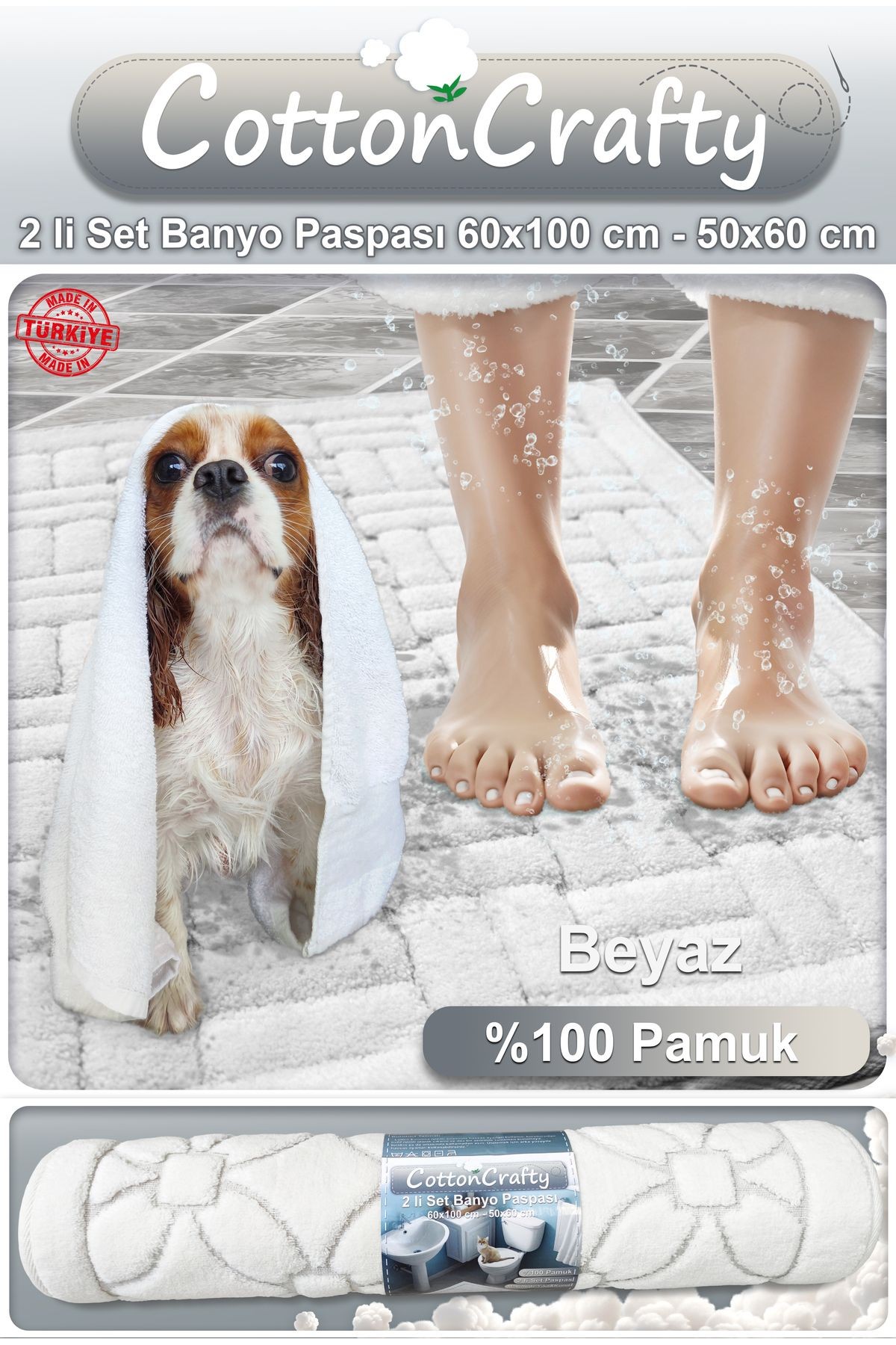 Pamuk Dokuma Su Emici Banyo Paspas Seti, Banyo Halısı DOMİNO 2 Li Set 60x100 - 60x50 CM
