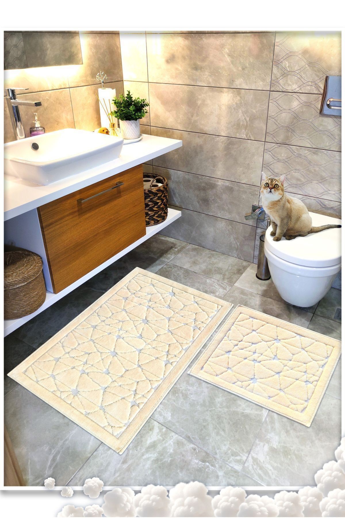 Pamuk Dokuma Su Emici Banyo Paspas Seti, Banyo Halısı CAM 2 Li Set 60x100 - 60x50 cm