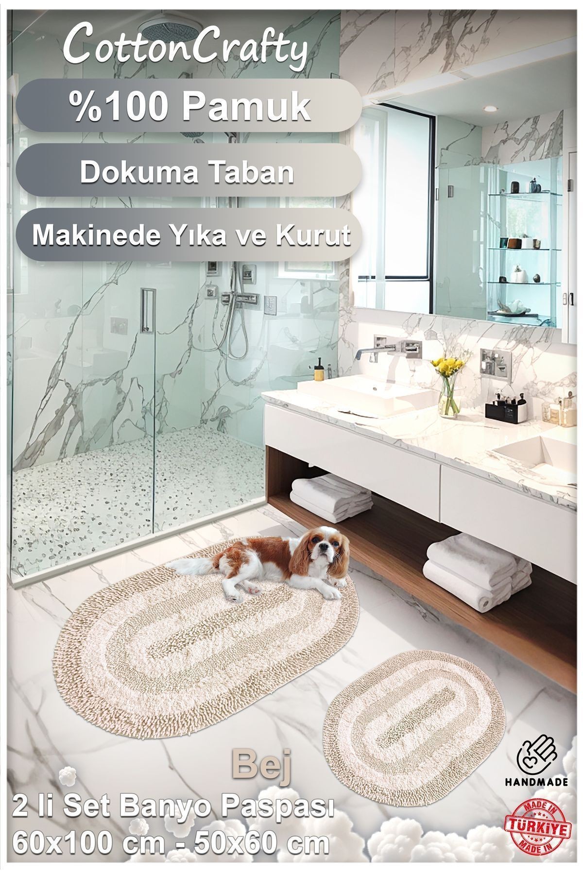Pamuk Tafting EL Yapımı Su Emici Banyo Paspas Seti, Banyo Halısı COTTONWAY 2 Li Set 60x100 - 60x50 cm