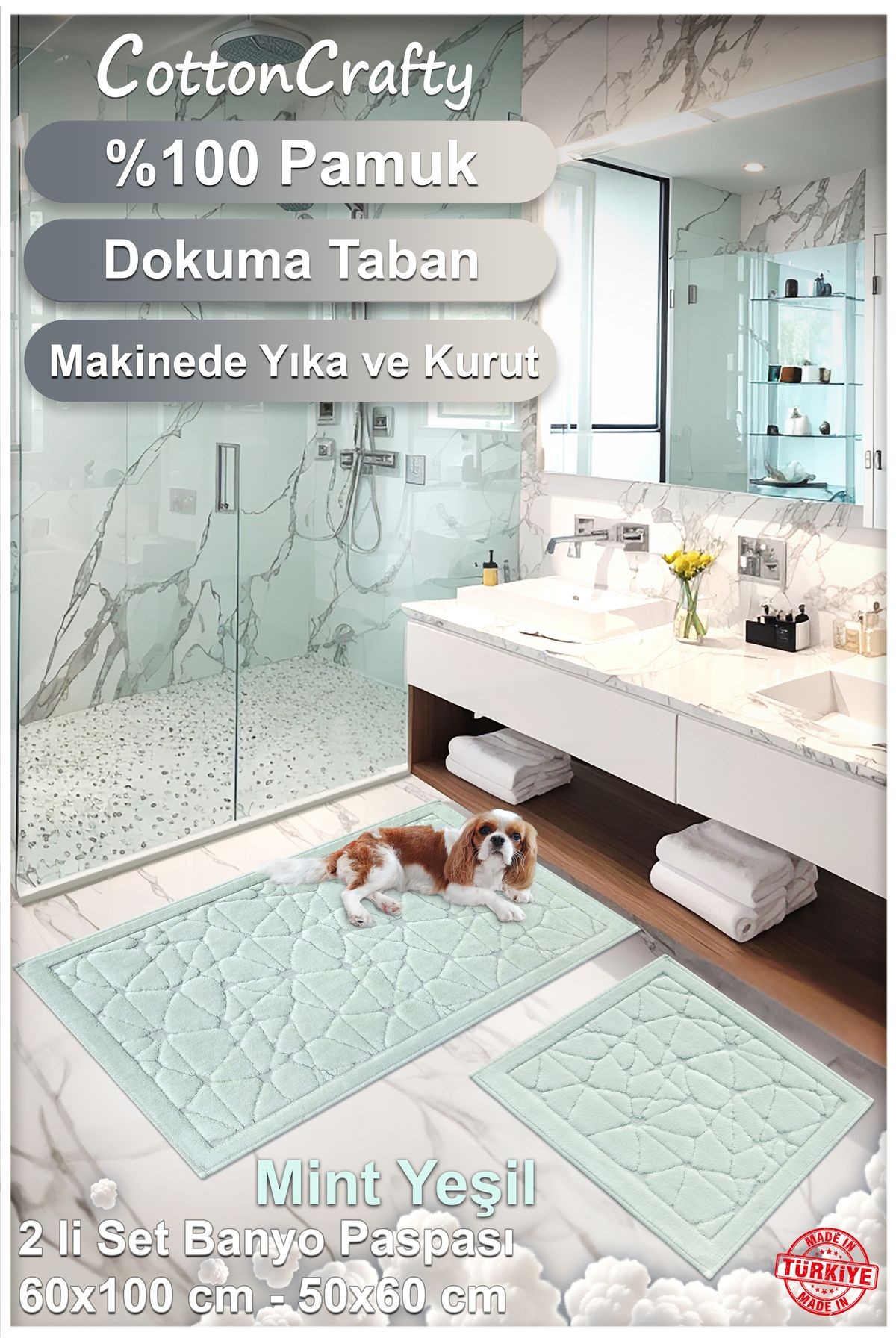 Geleneksel Pamuklu Dokuma Su Emici Banyo Paspası, Banyo Halısı, Klozet Takım, CAM 2'li Set 60x100 - 60x50 cm