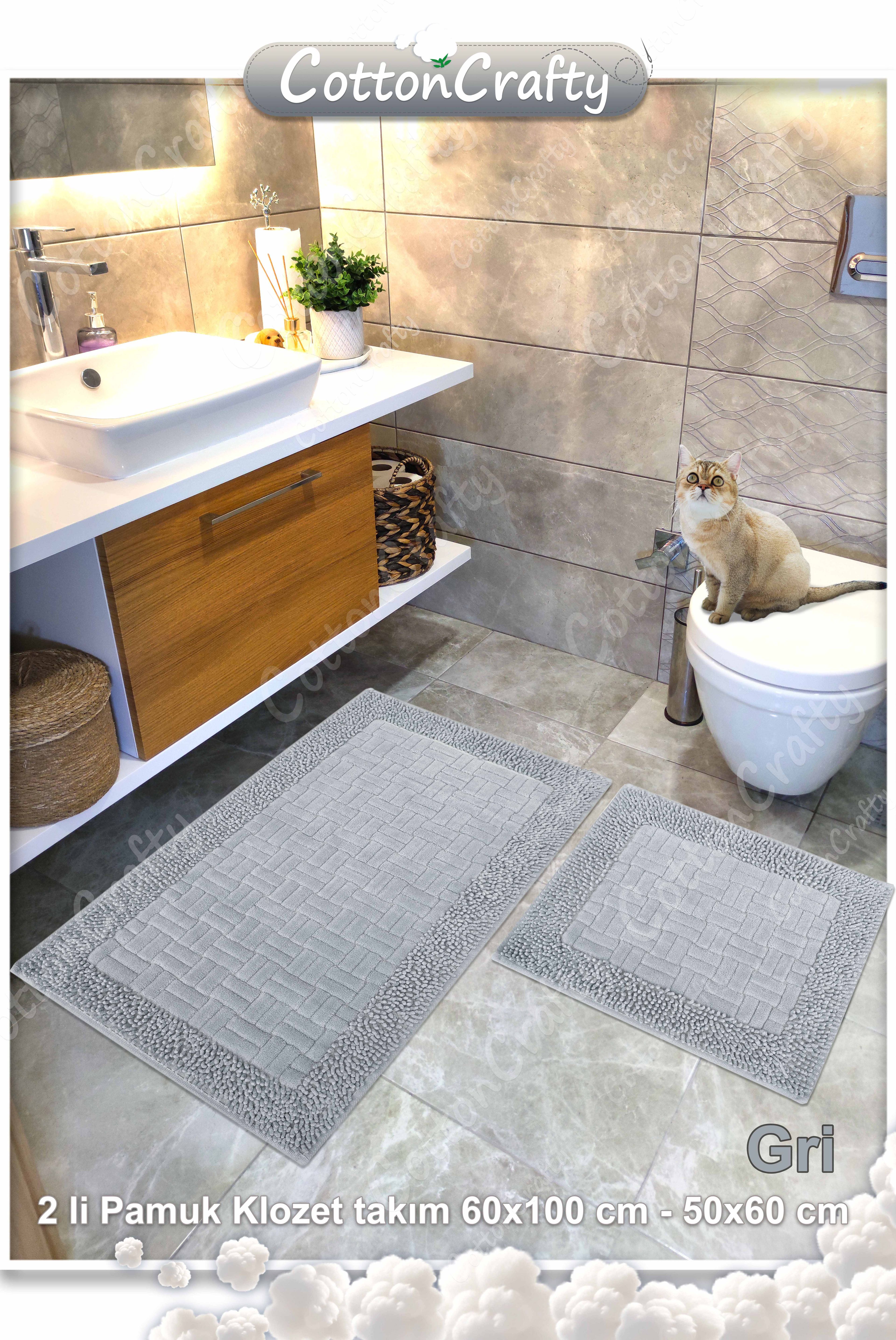 Geleneksel Pamuklu Dokuma,Tafting, Su Emici, El Yapımı, Banyo Paspas Seti, Banyo Halısı, DOMİNOMOSS 2'li Klozet Takım, 60x100 - 60x50 cm
