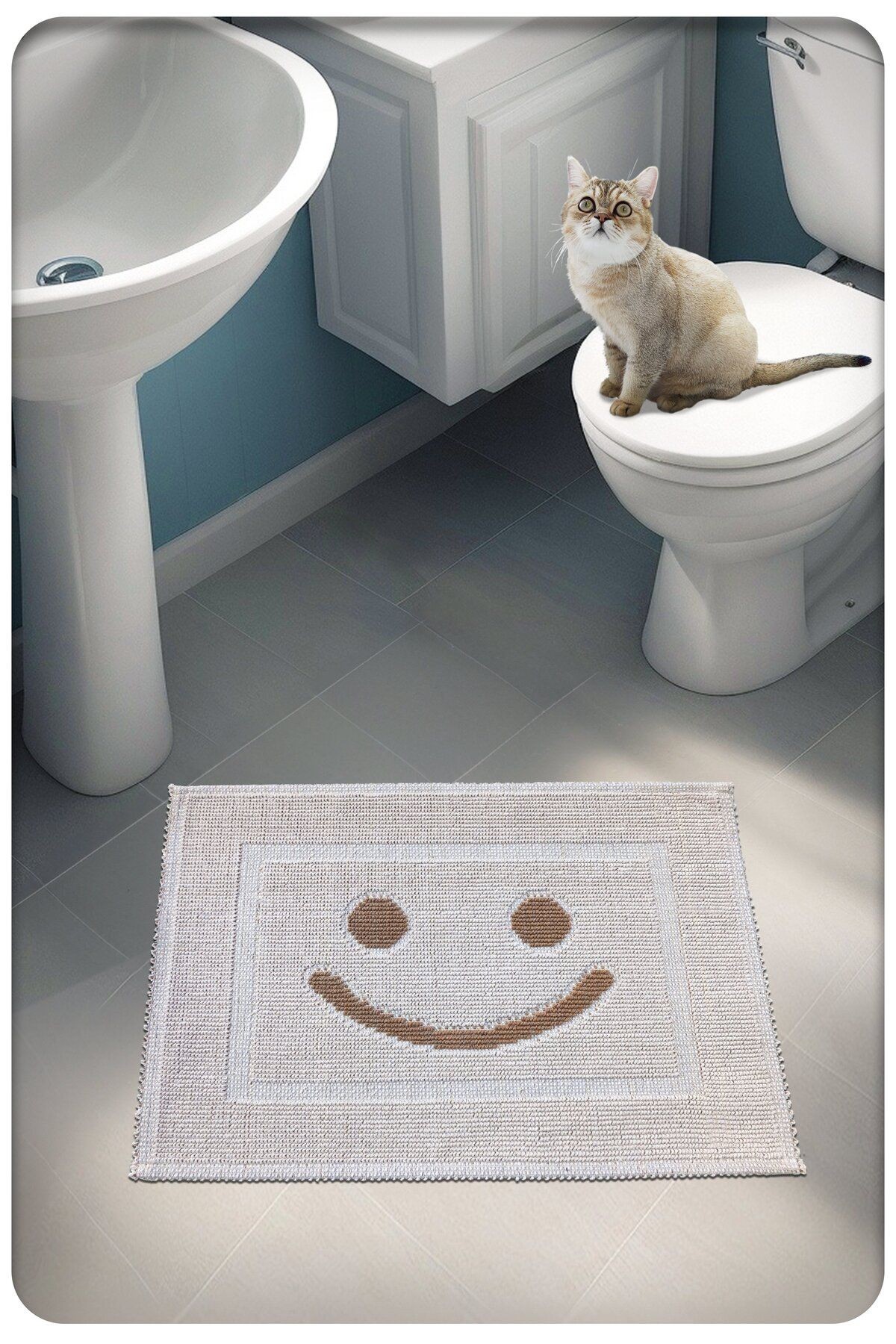 Pamuk Dokuma Su Emici Banyo Paspası, Banyo Halısı Smiley 60 x 50 cm