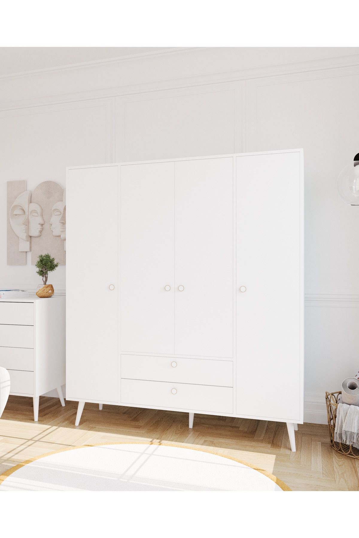 Tema Elbise Dolabı 4 Kapaklı Çekmeceli Dolap Gardırop /beyaz