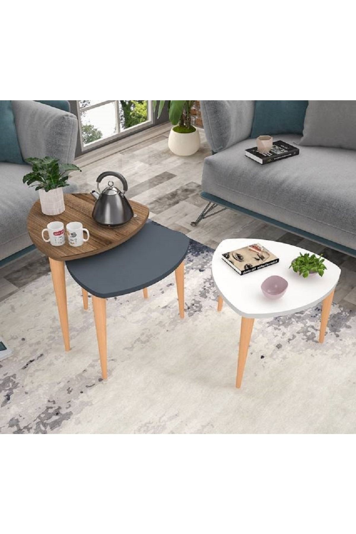 Flora Roll Sehpa Ahşap Ayaklı Üçlü Zigon