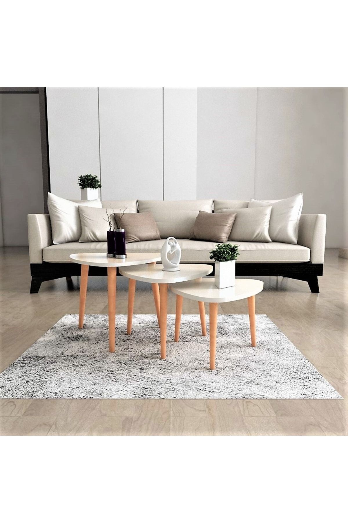 Flora Roll Sehpa Ahşap Ayaklı Üçlü Zigon (beyaz)