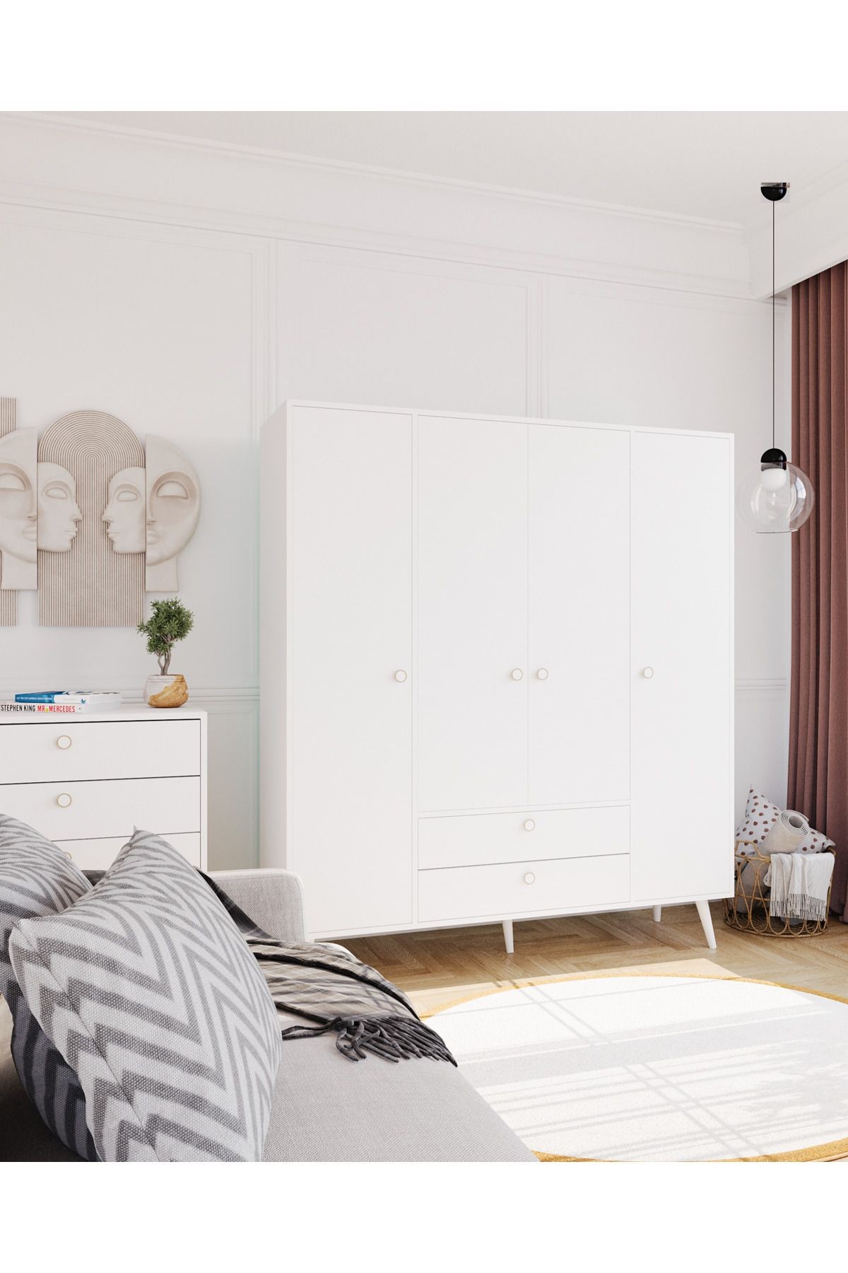 Tema Elbise Dolabı 4 Kapaklı Çekmeceli Dolap Gardırop /beyaz