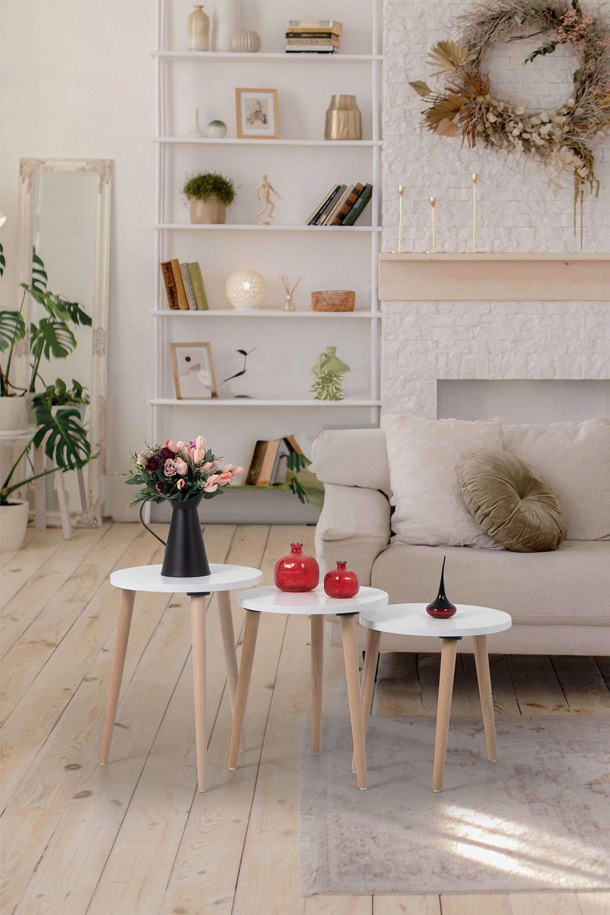 Zigon Sehpa / Üçlü Sehpa / Servis Sehpası /dekoratif Sehpa / Floara Ring (BEYAZ)