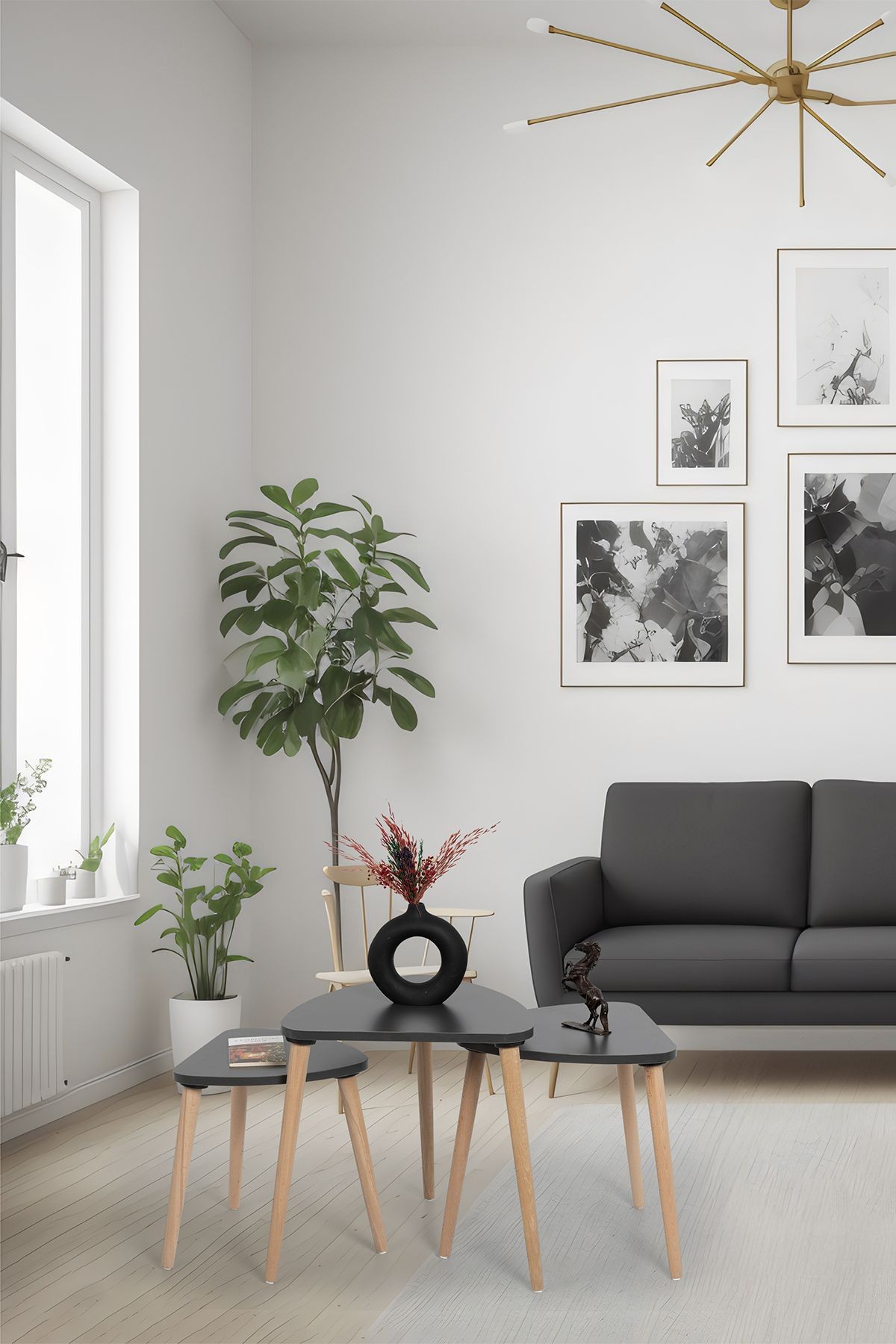 Flora Roll Sehpa Ahşap Ayaklı Üçlü Zigon