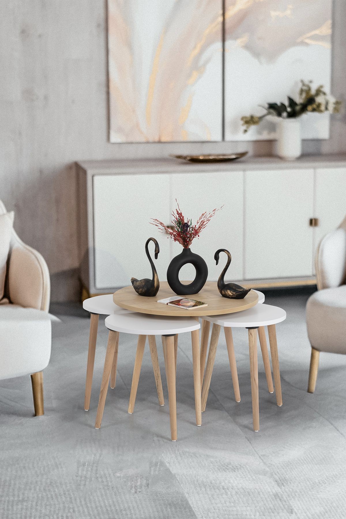 Orta Sehpa / Sehpa Seti / Sehpa Takımı / 5 Parça / Flora Pissa (MEŞE-BEYAZ)