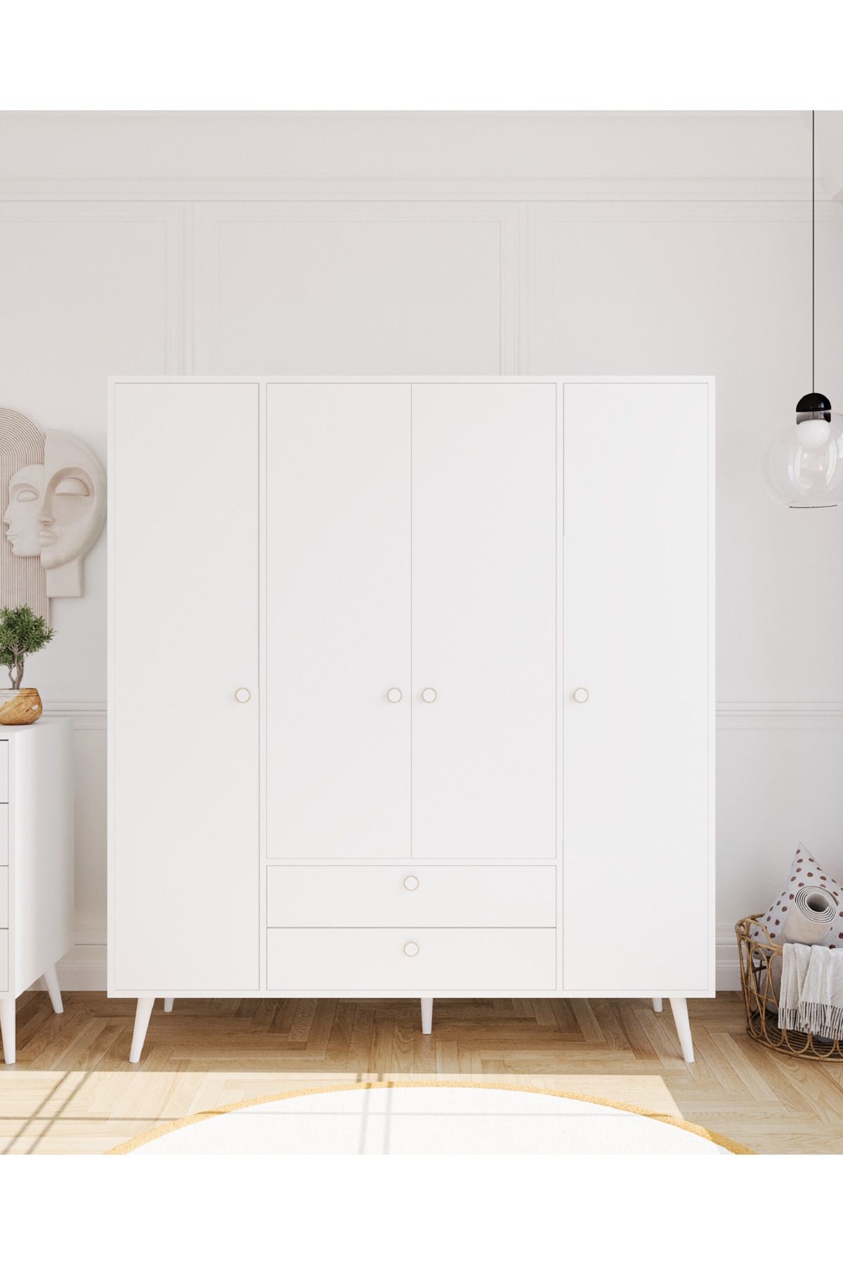 Tema Elbise Dolabı 4 Kapaklı Çekmeceli Dolap Gardırop /beyaz