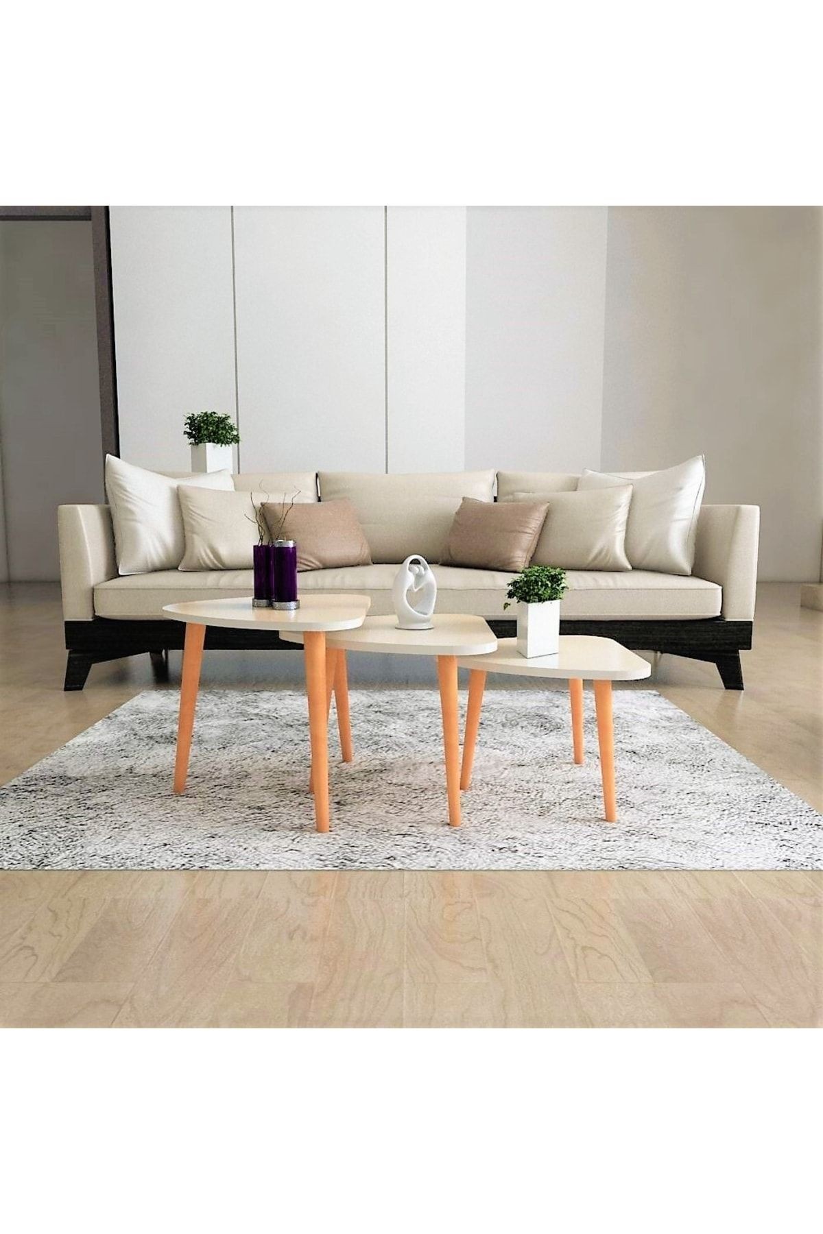 Flora Roll Sehpa Ahşap Ayaklı Üçlü Zigon (beyaz)