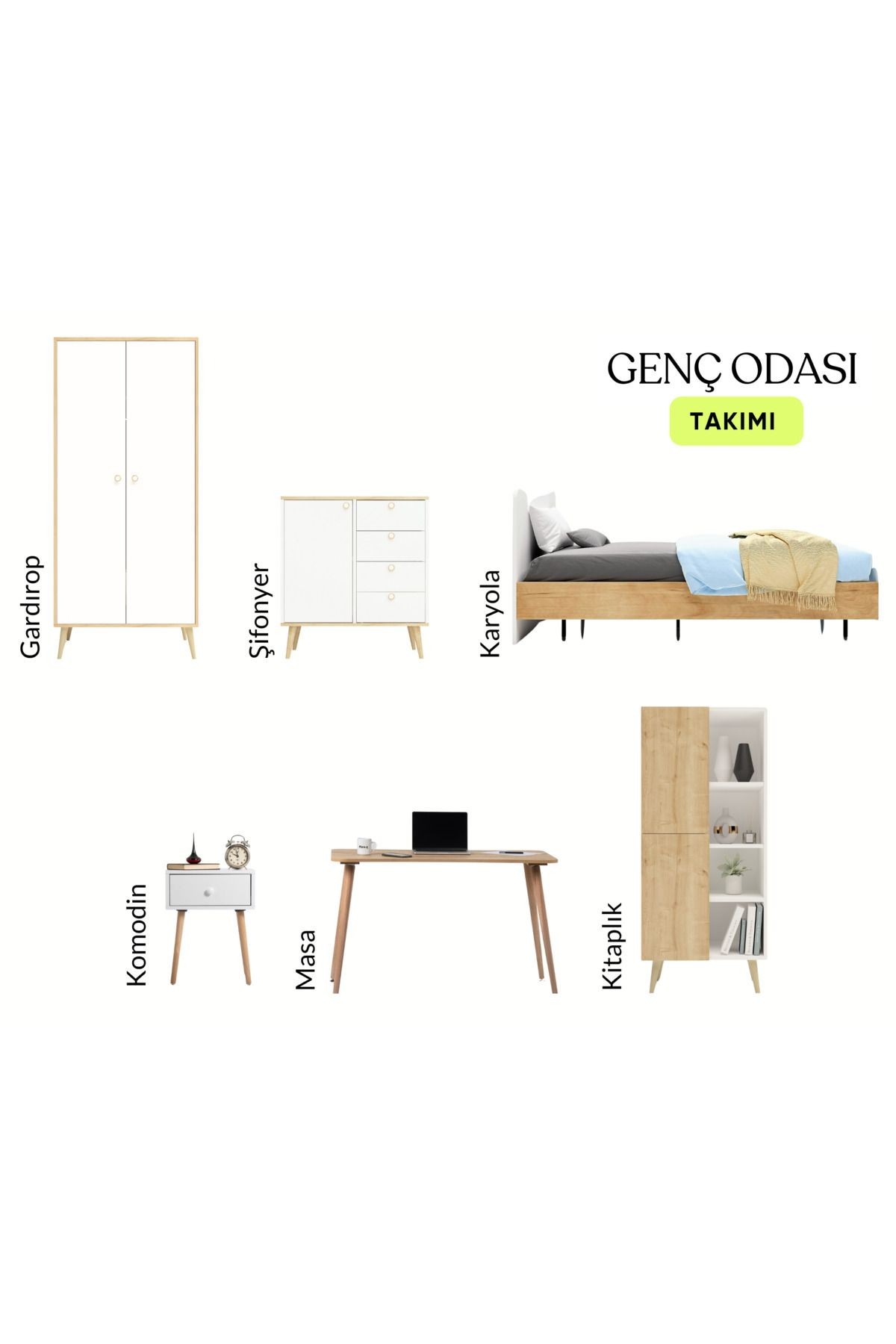 Genç Odası Takımı 6 Parça (GARDIROP KARYOLA ŞİFONYER KOMODİN ÇALIŞMA MASASI KİTAPLIK)